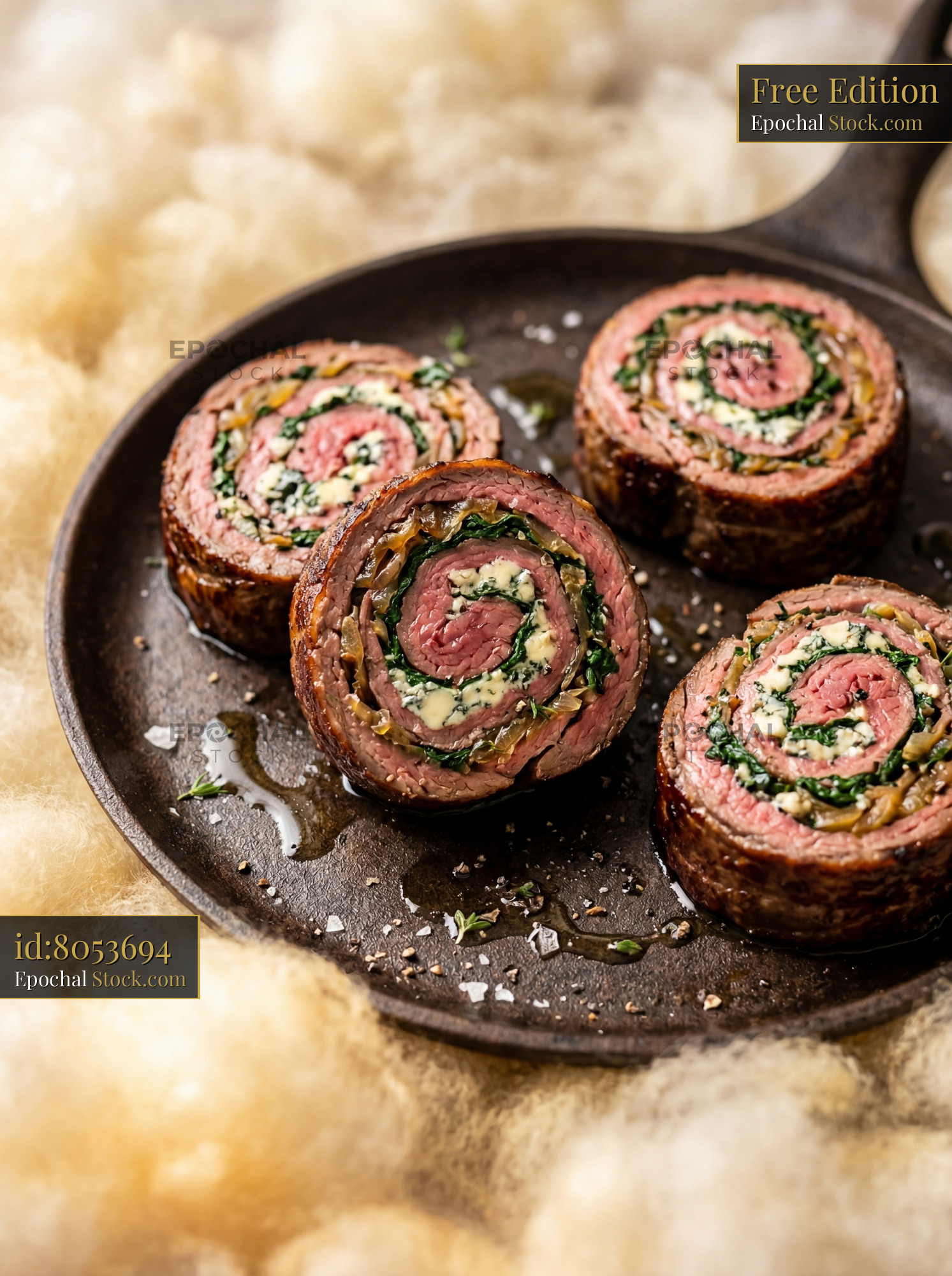 Beef Roulade with Spinach in Cast Iron Skillet - stock photo