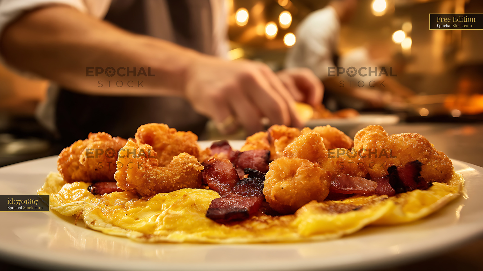 Gourmet Seafood Omelet with Shrimp and Bacon - stock photo