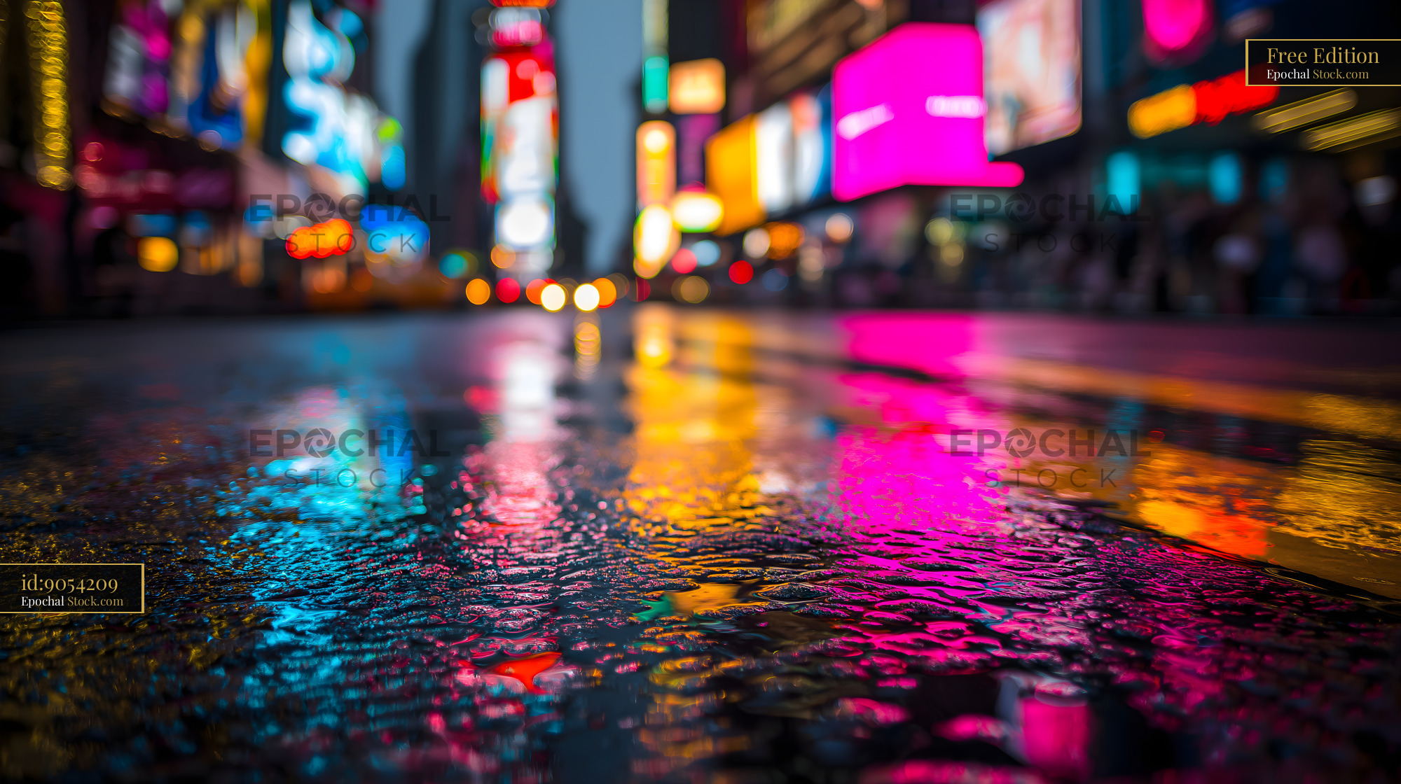 Bright lights and colors reflect on wet streets in Times Square Free Premium Stock Photo