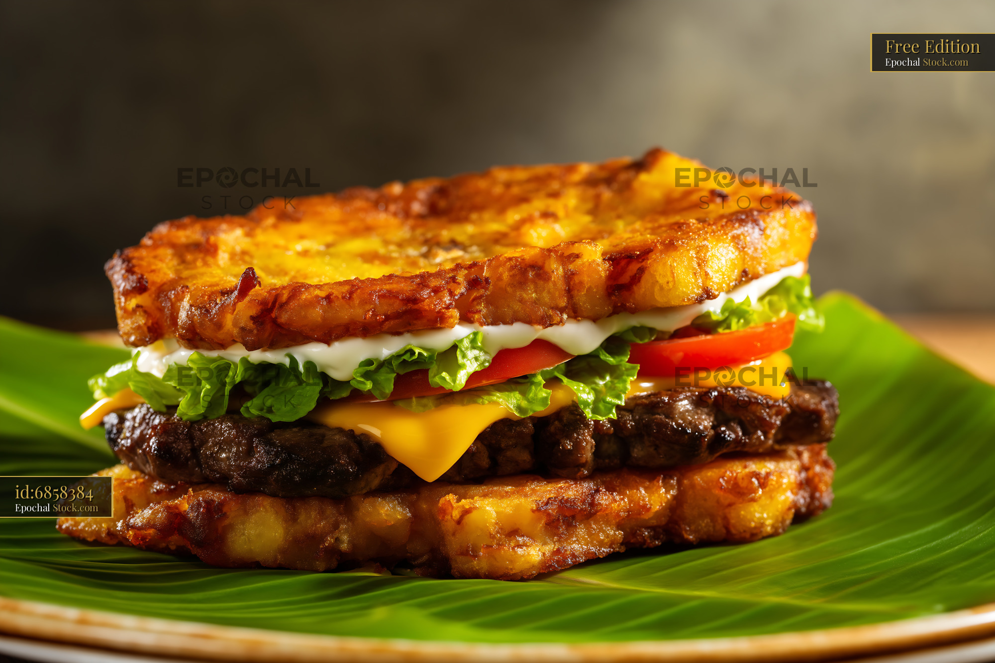 Crispy Potato Crust Burger with Melted Cheese - stock photo