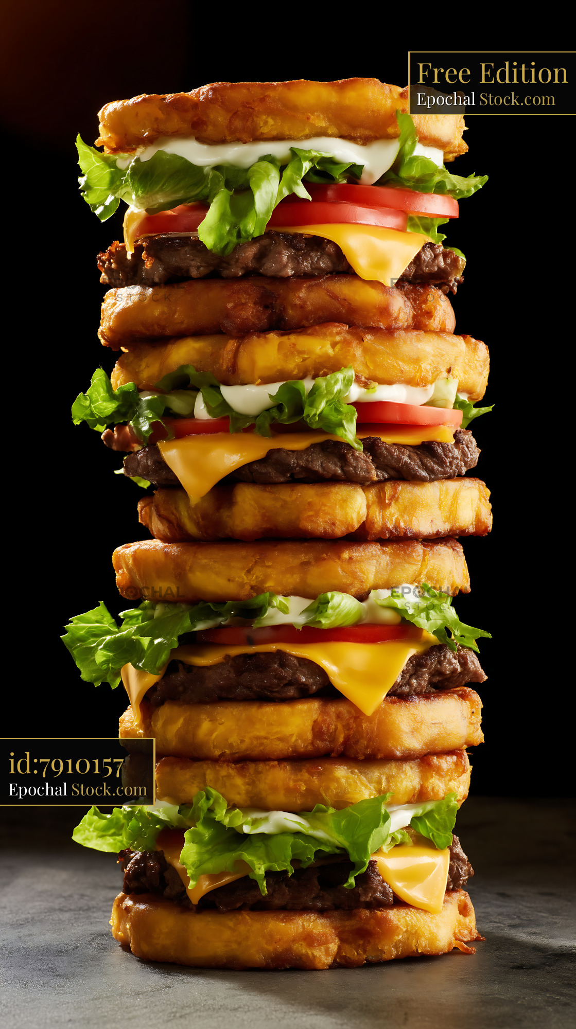 Towering Burger Stack with Melted Cheese - stock photo