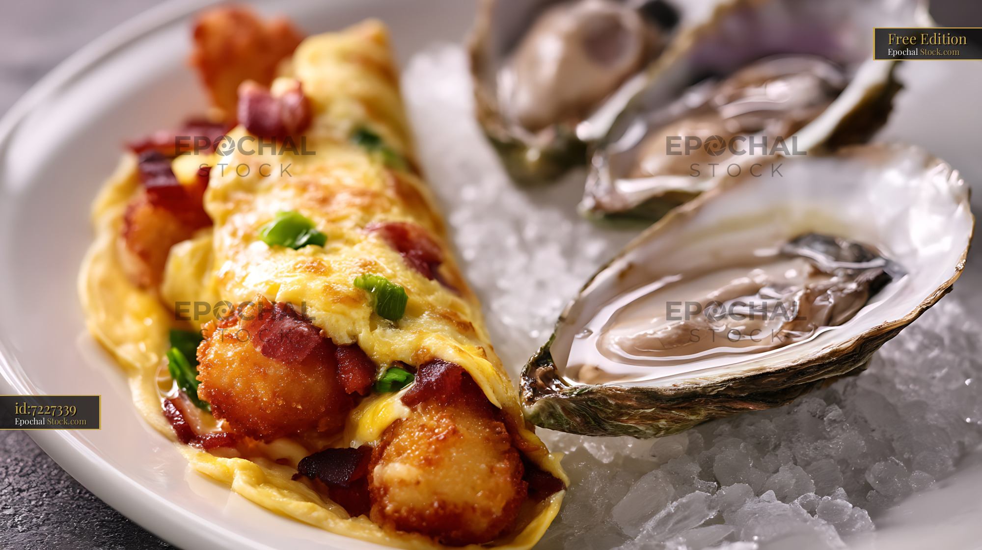 Lobster Omelette with Fresh Oysters on Ice - stock photo