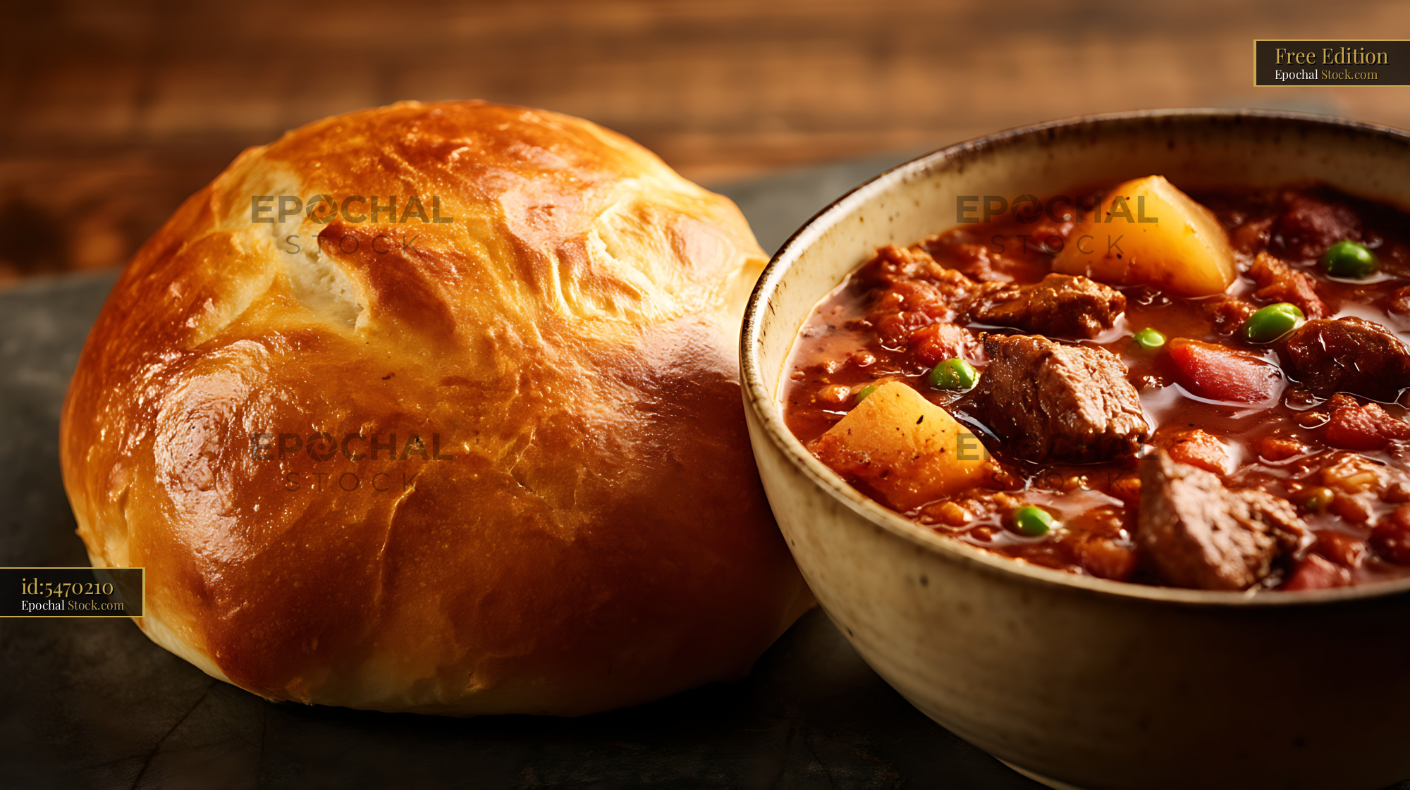 Hearty Beef Stew with Crusty Bread Roll - stock photo