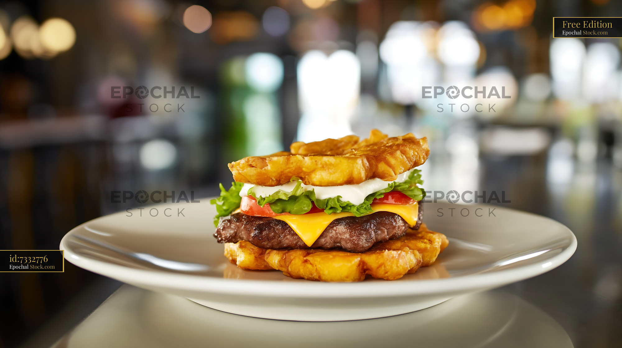 Jibarito Burger with Crispy Plantain Buns, Gourmet Restaurant Plating - stock photo