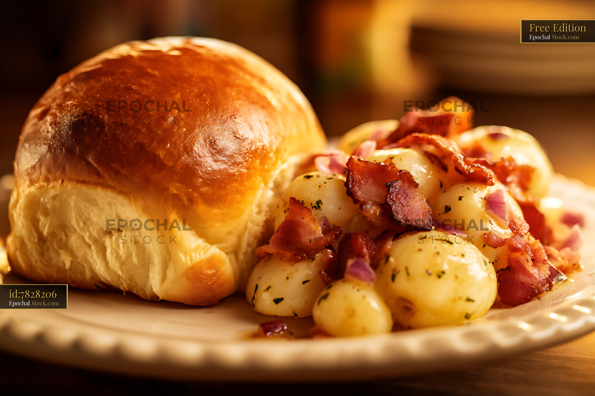 Bacon Roasted Potatoes and Crusty Golden Roll - stock photo