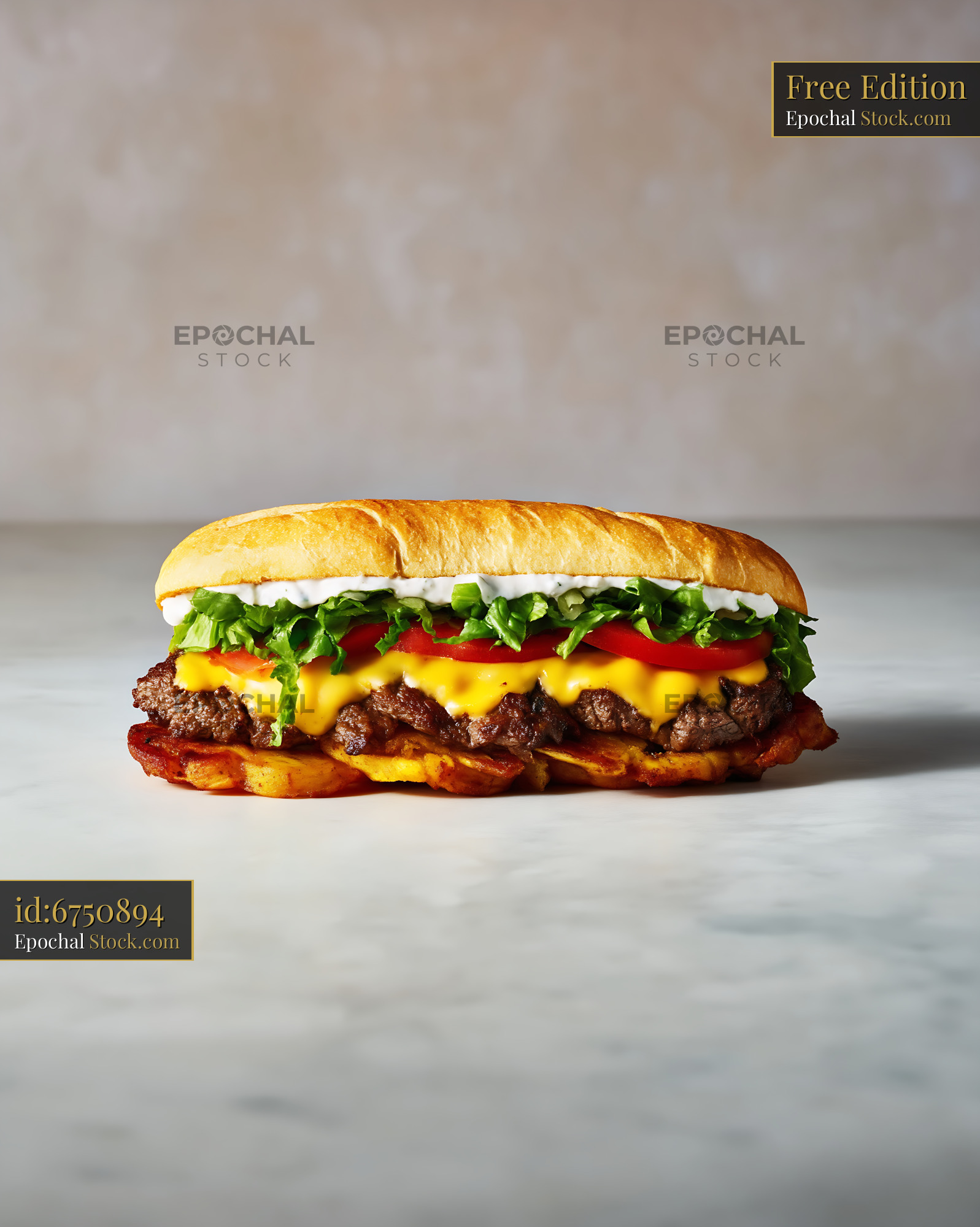 Jibarito Burger with Crispy Plantain Bun, Melted Cheese and Fresh Greens - stock photo