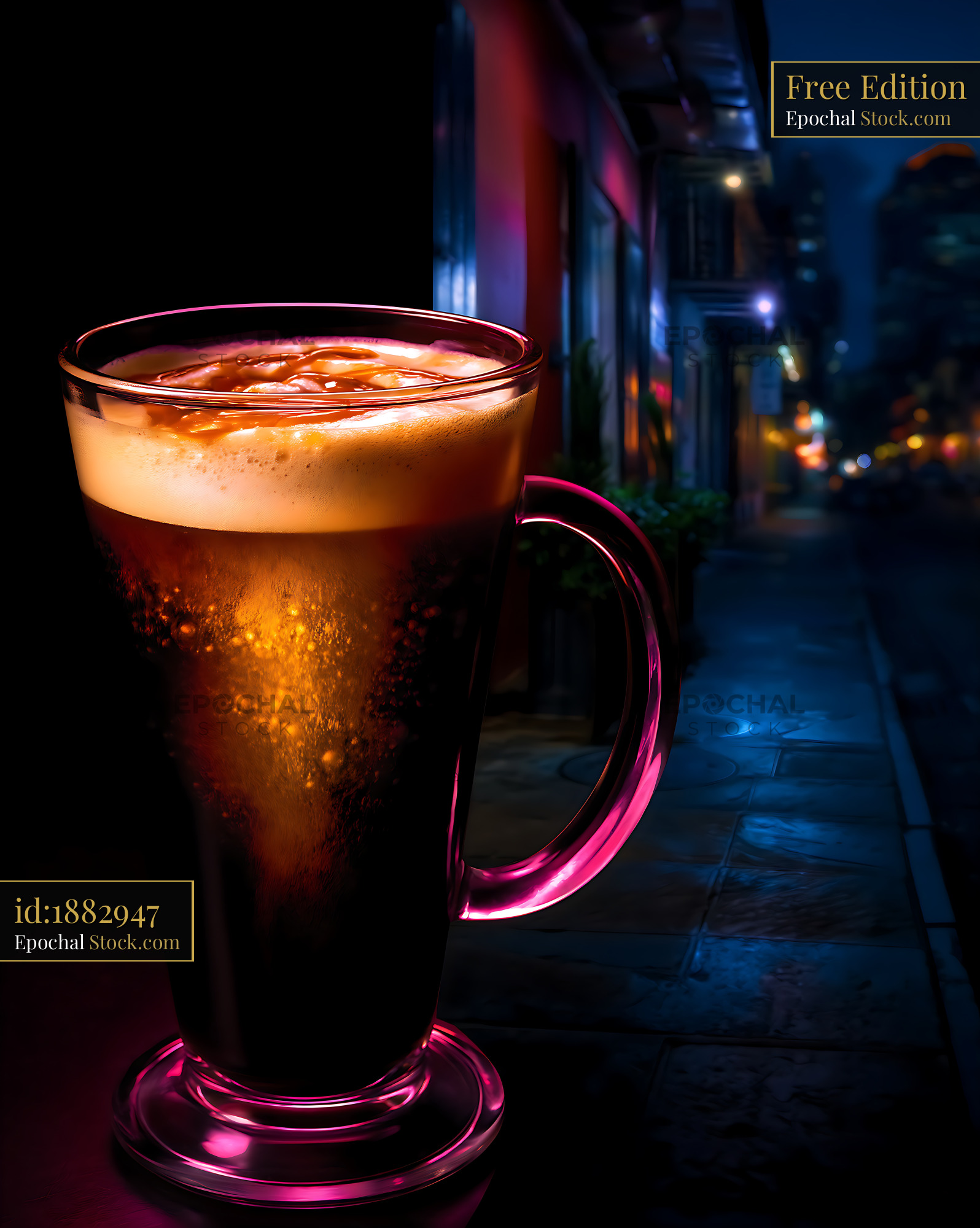 Neon Glowing Soda Mug on Urban Night Street - stock photo