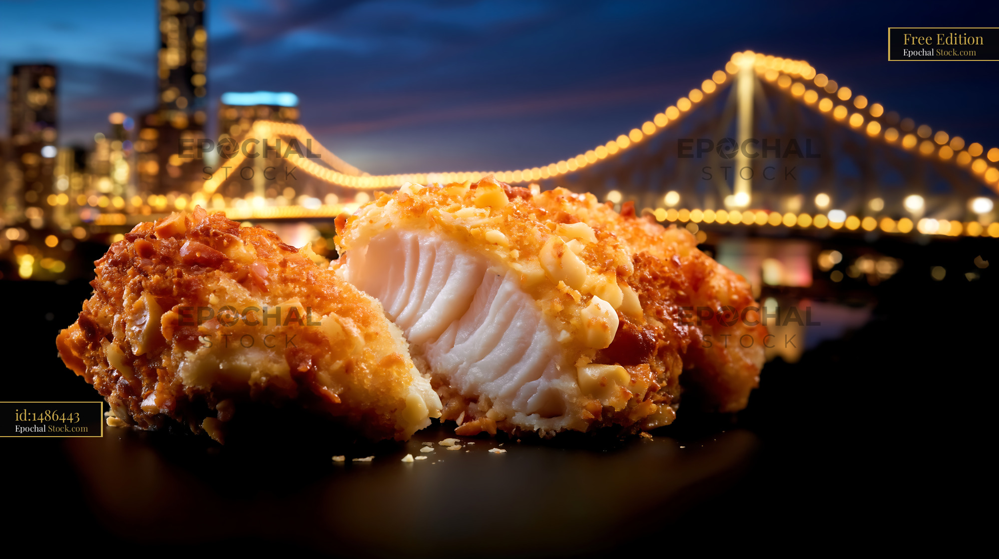 Fried Chicken with Glowing City Skyline View - stock photo
