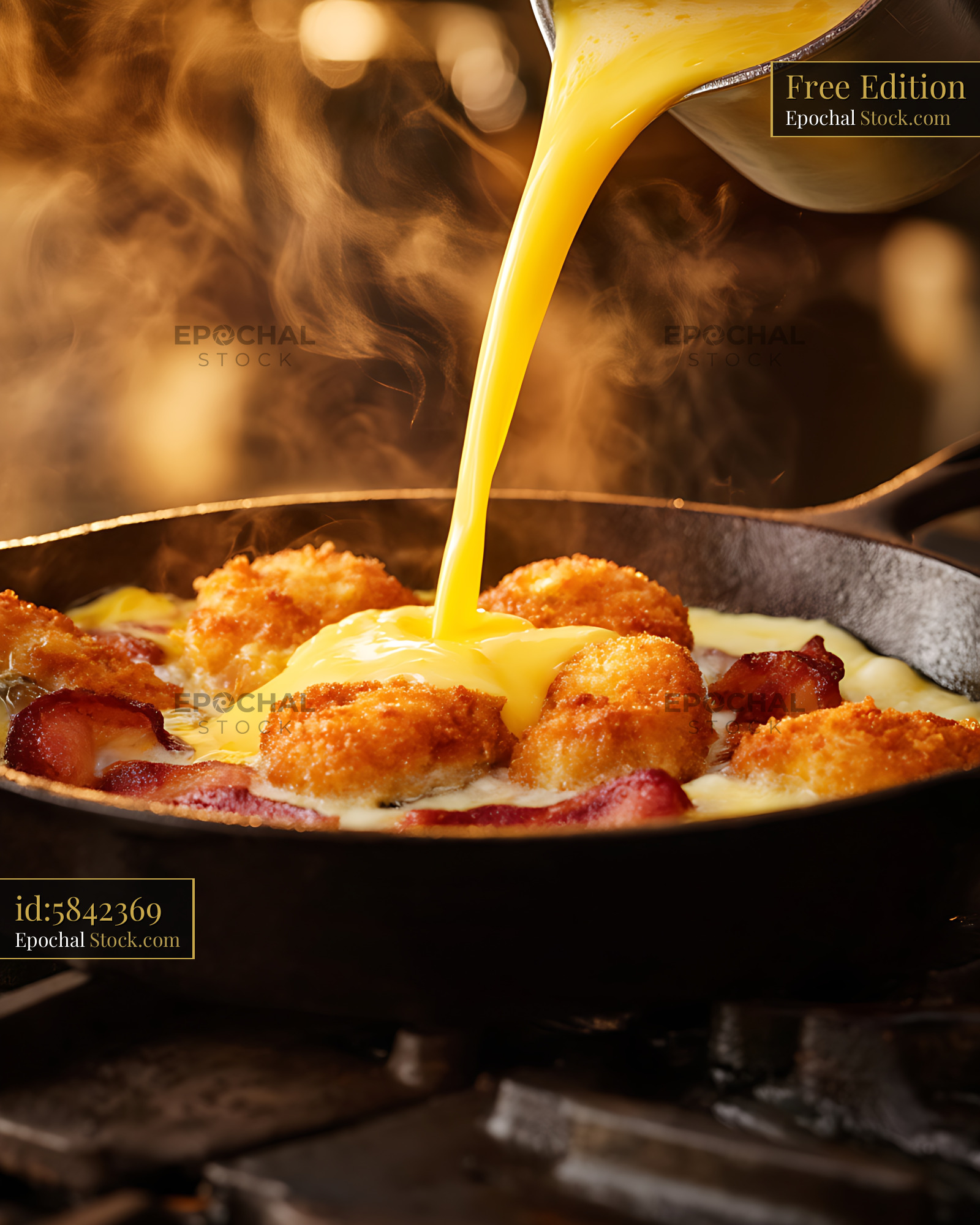Cheese Sauce Over Fried Croquettes and Bacon - stock photo