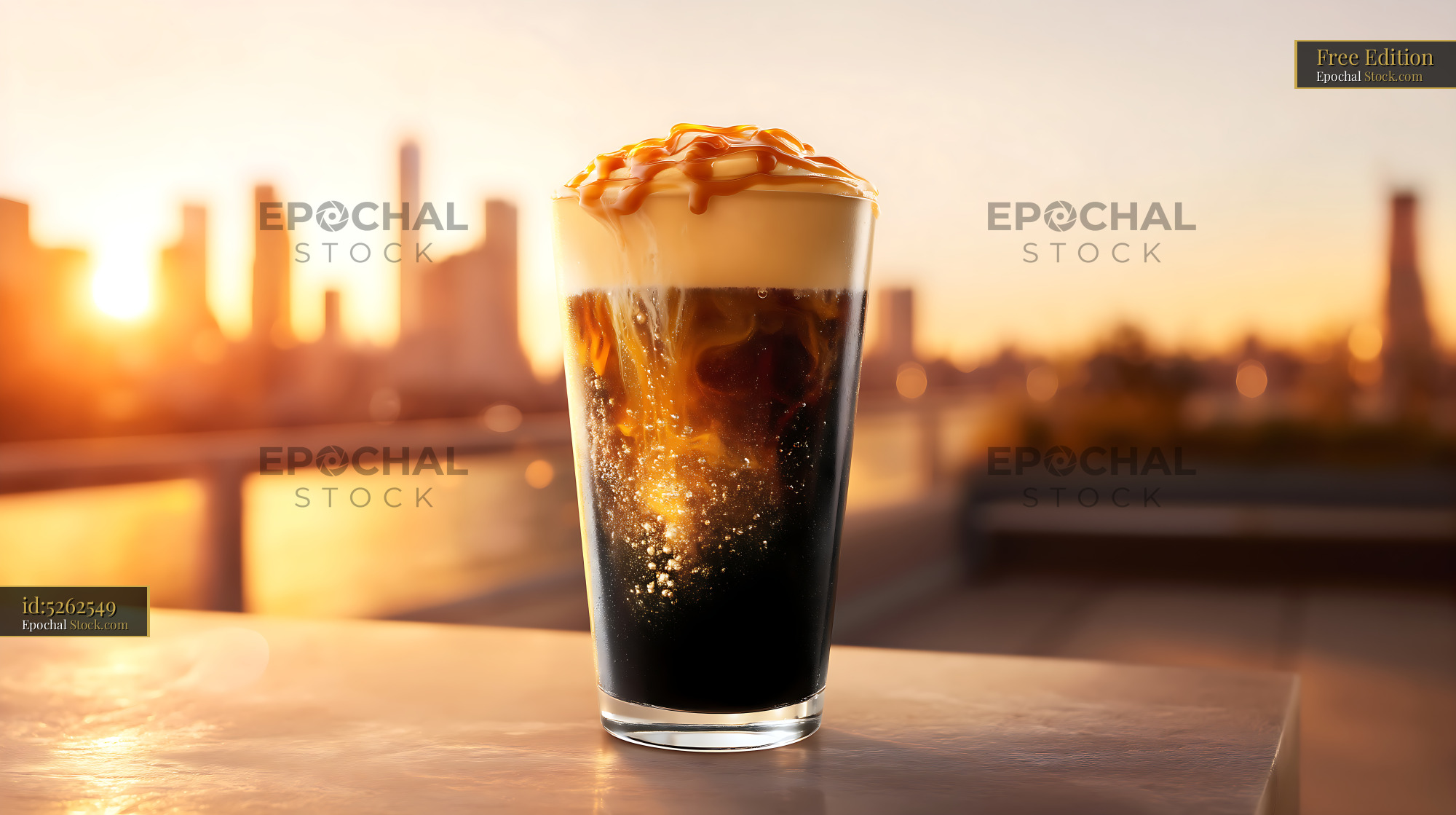 Nitro Caramel Coffee at Urban Sunset - stock photo