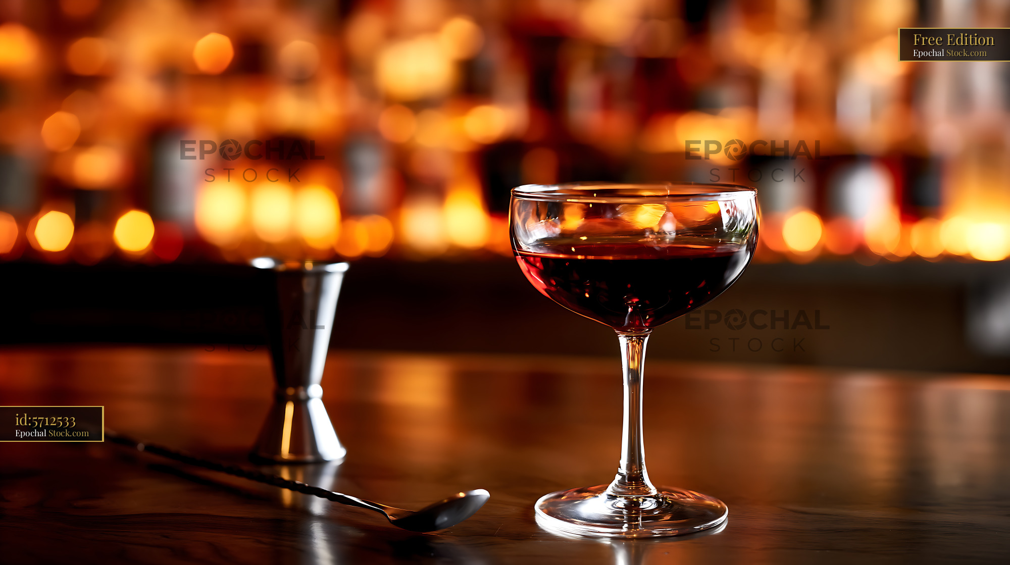 Bushwick Cocktail Coupe Glass at Bar with Warm Light - stock photo