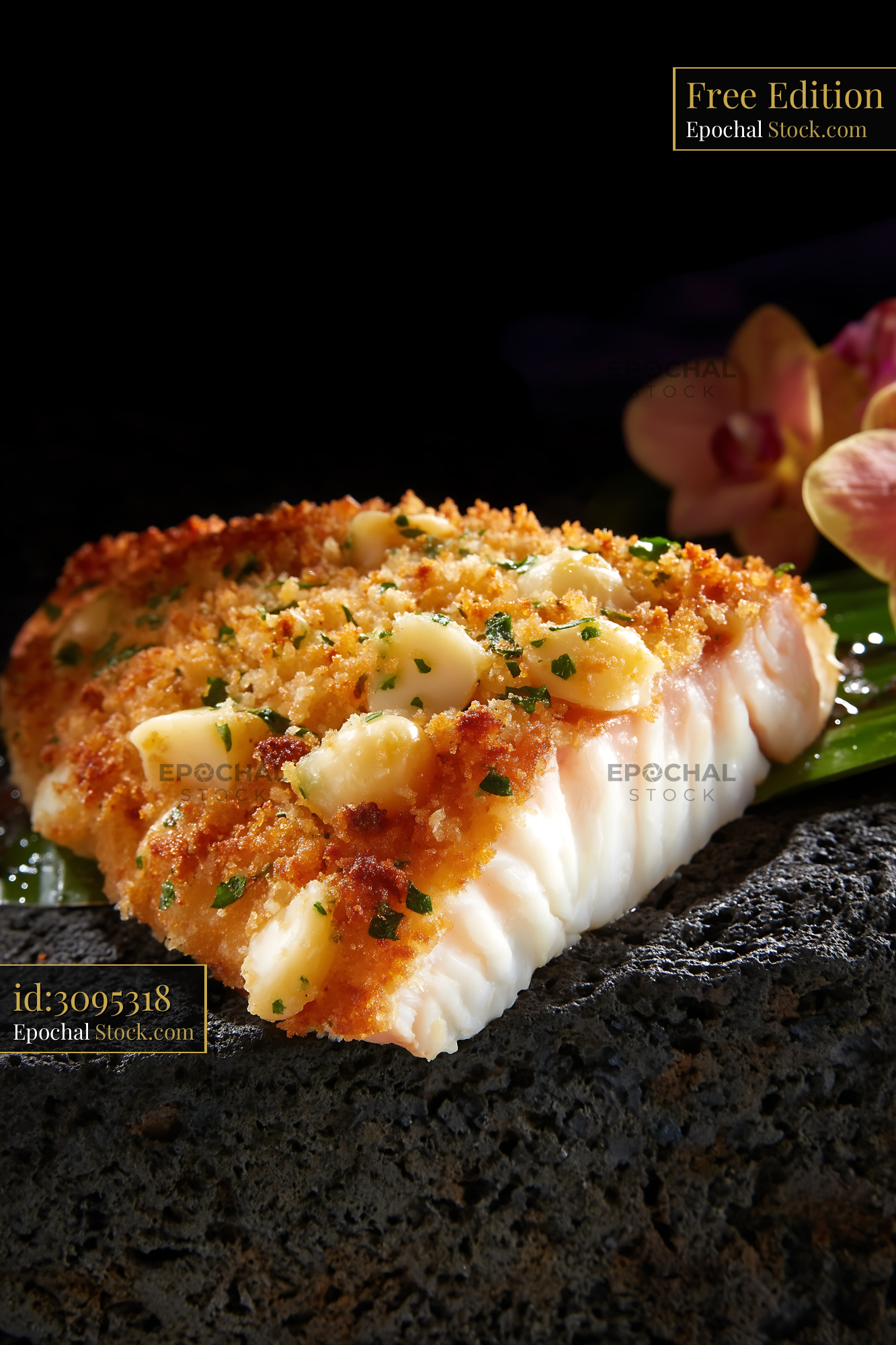 Panko-Crusted Fish with Herb Garnish - stock photo
