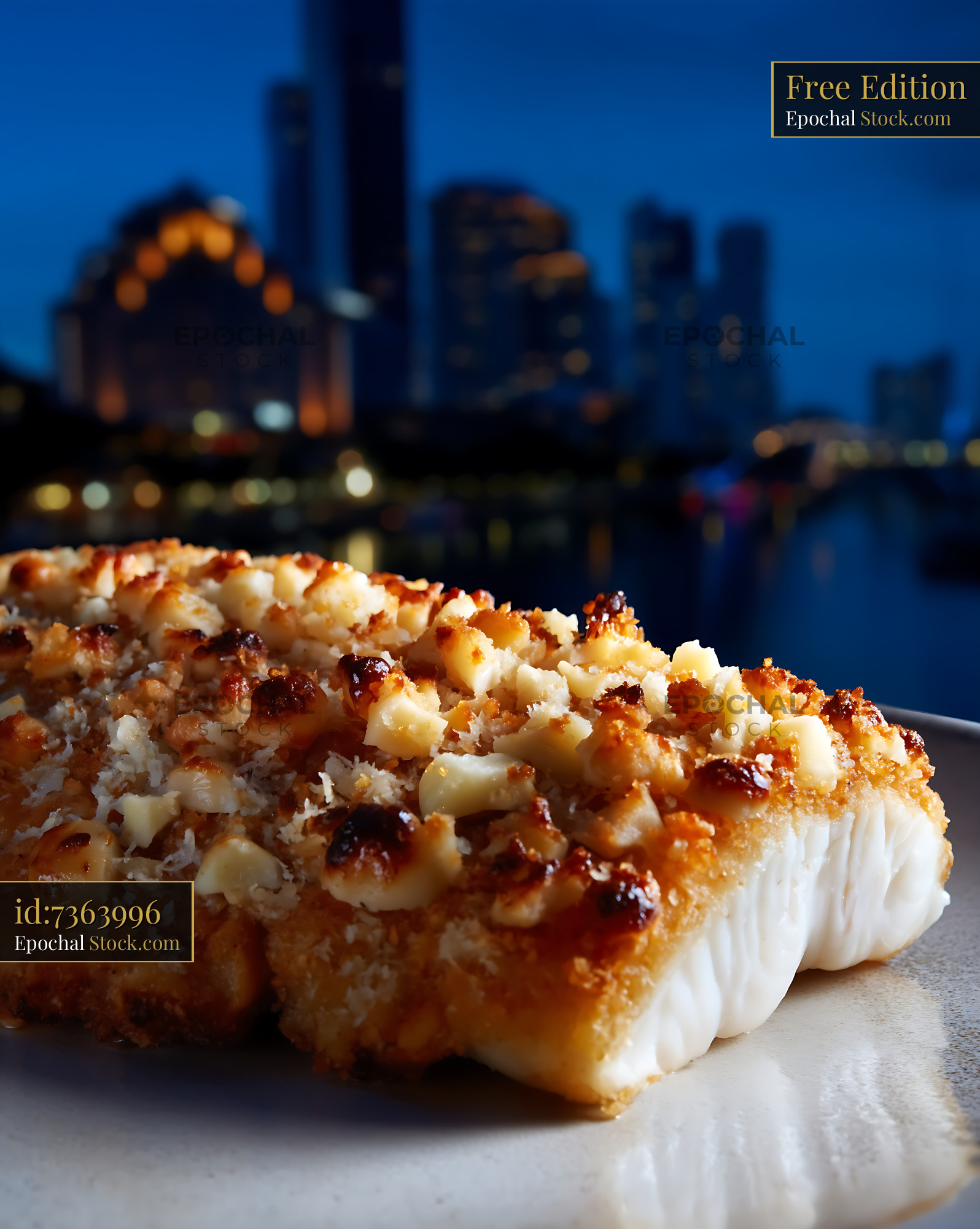 Macadamia Crusted Fish with Urban Skyline - stock photo