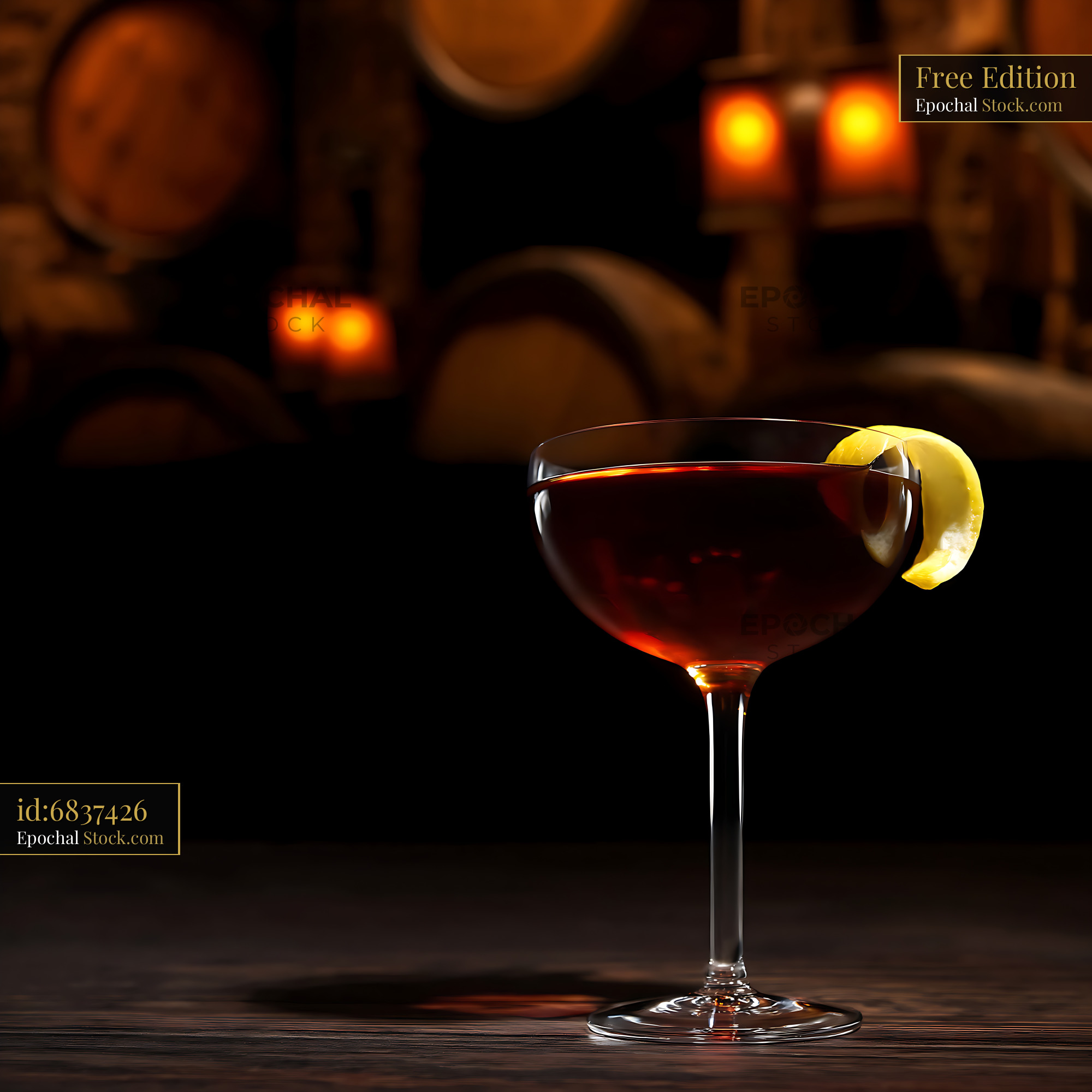 Saratoga Cocktail with Lemon Twist, Dark Bar - stock photo