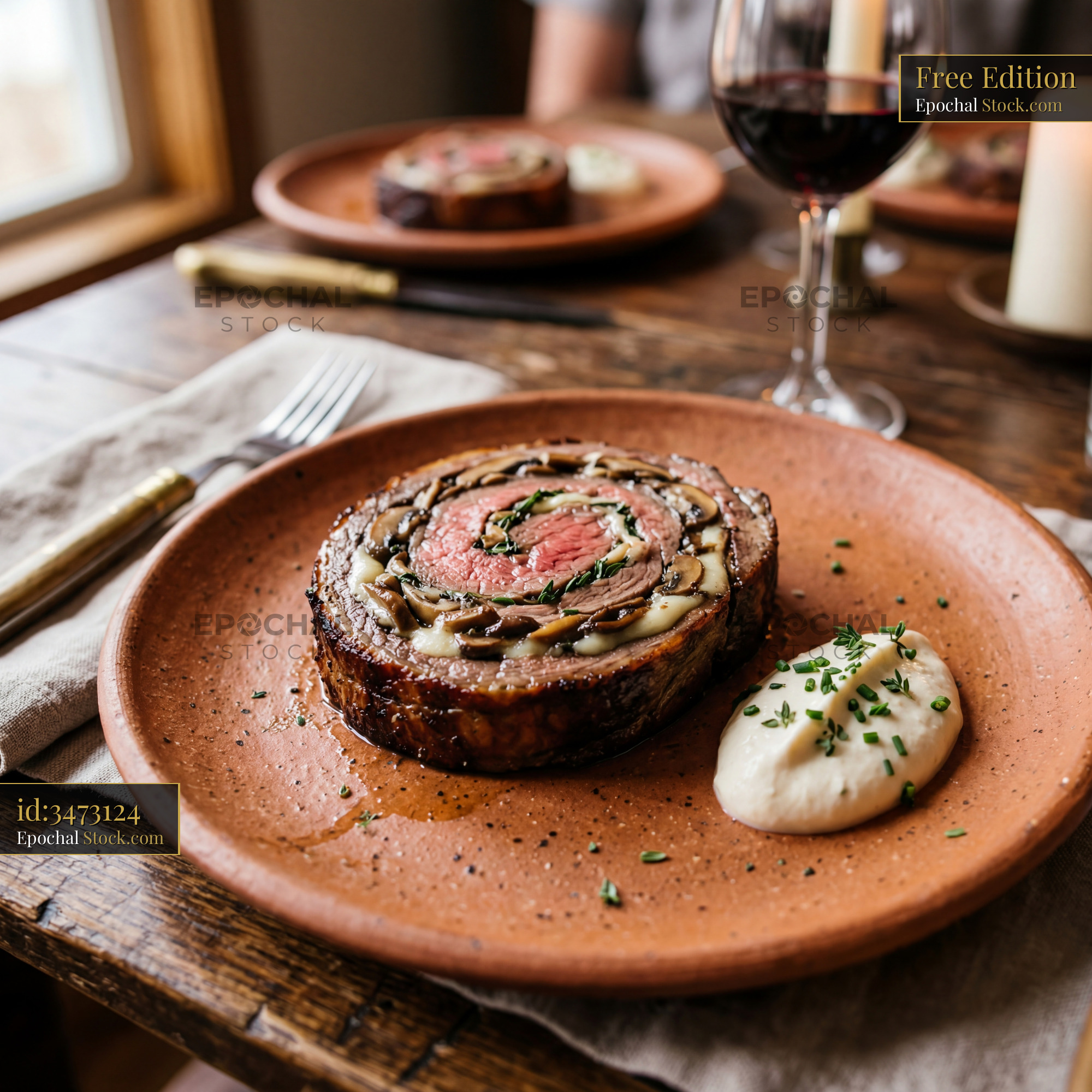 Beef Wellington Slice Fine Dining with Red Wine - stock photo