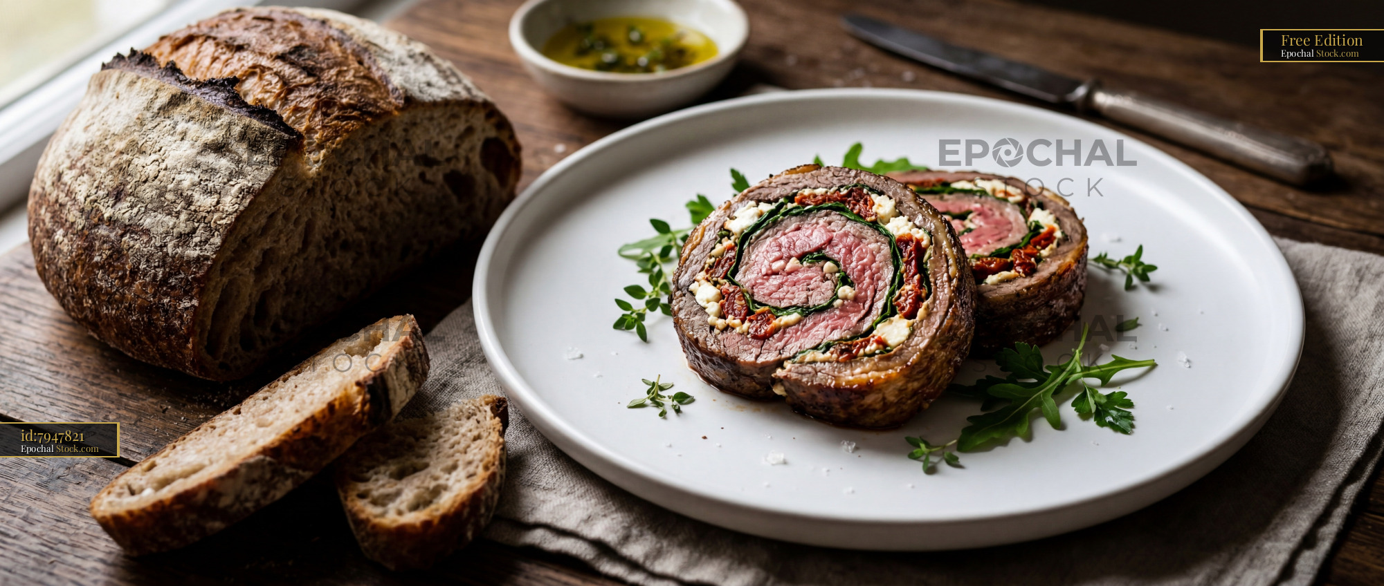 Beef Roulade with Spinach Filling and Artisan Bread - stock photo