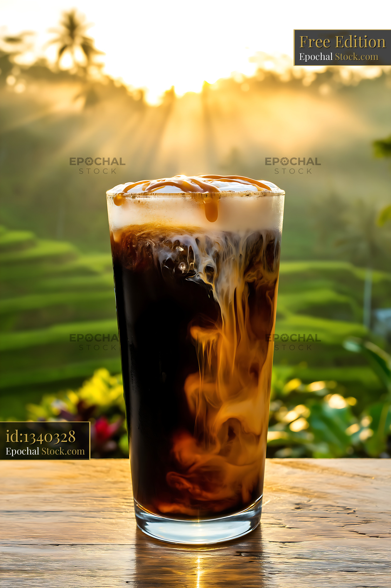 Nitro Caramel Coffee with Golden Hour Glow - stock photo