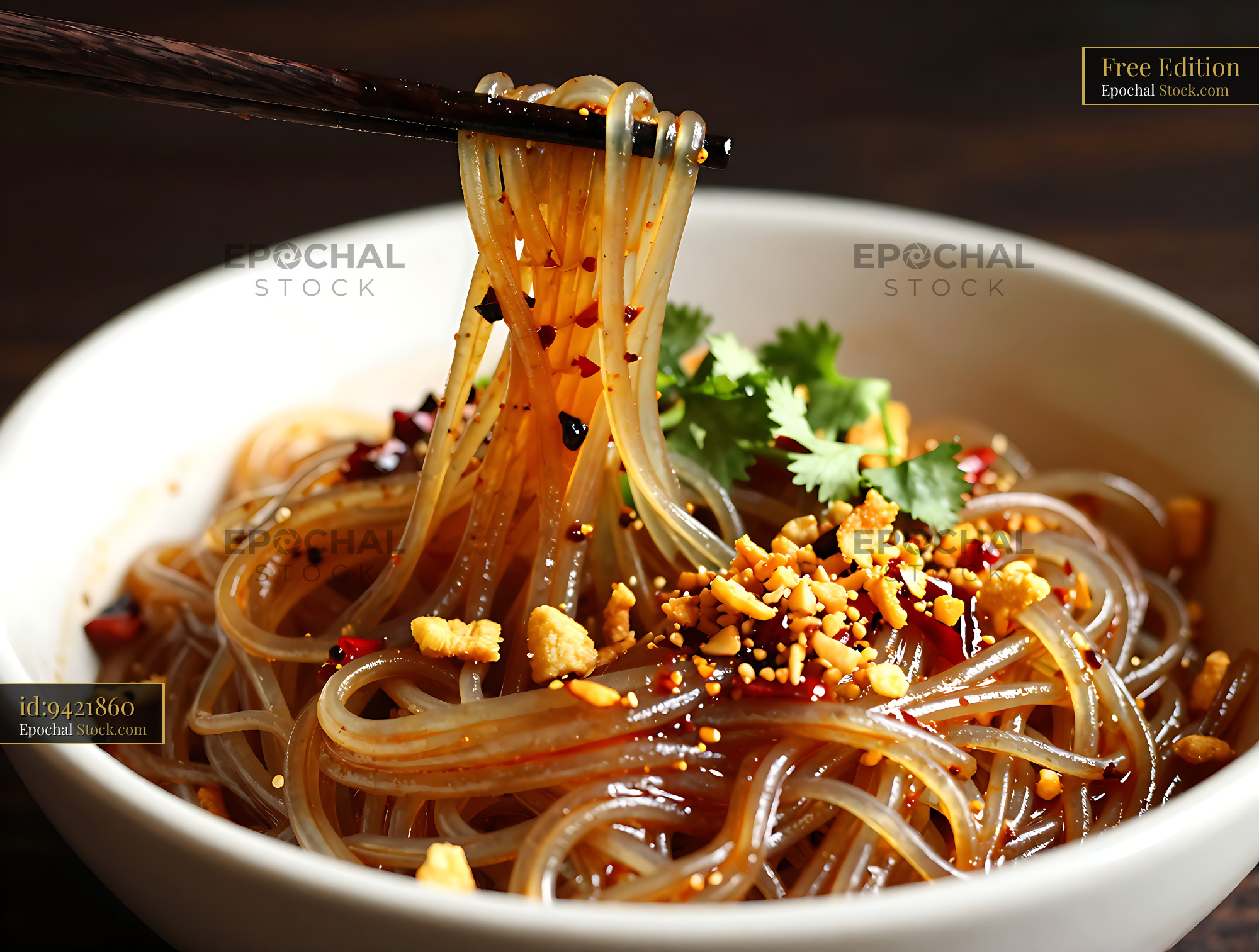 Sichuan Glass Noodle Salad with Chopsticks Lifted - stock photo