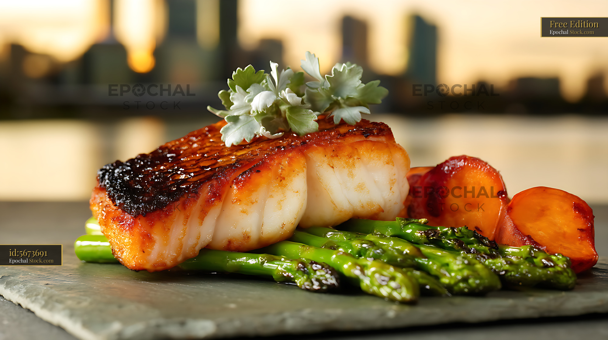 Seared Murray Cod Fillet with Asparagus - stock photo