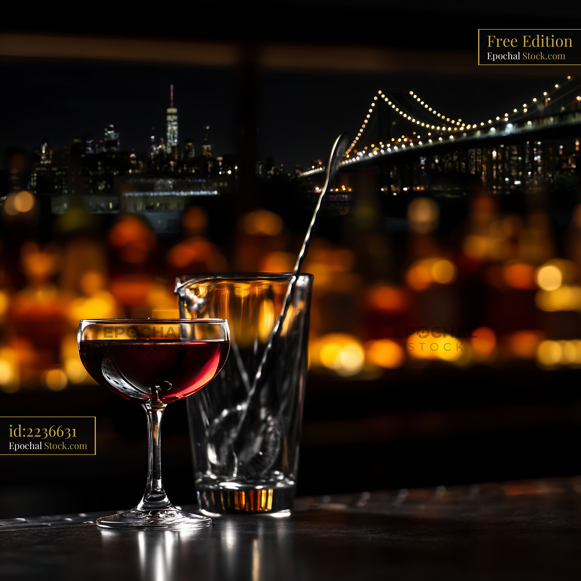 Cocktails at Rooftop Bar With City Lights - stock photo