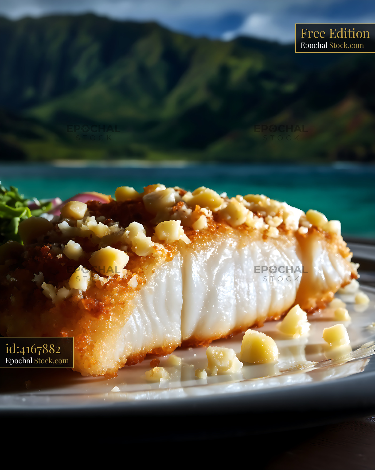 Seared Fish with Macadamia Crust, Ocean View - stock photo