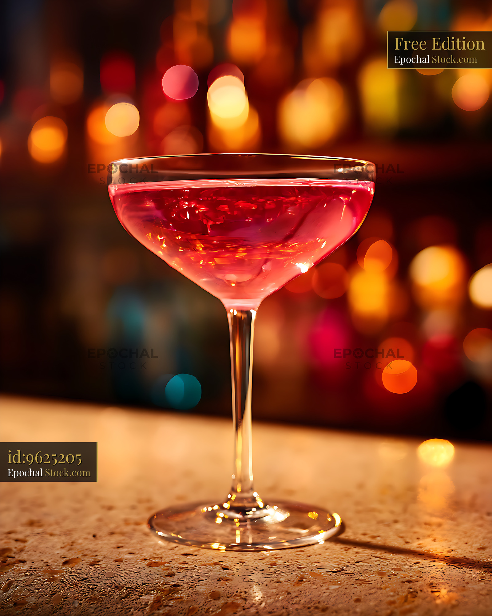 Pink Cocktail in Coupe Glass on Bar with Bokeh Lights - stock photo