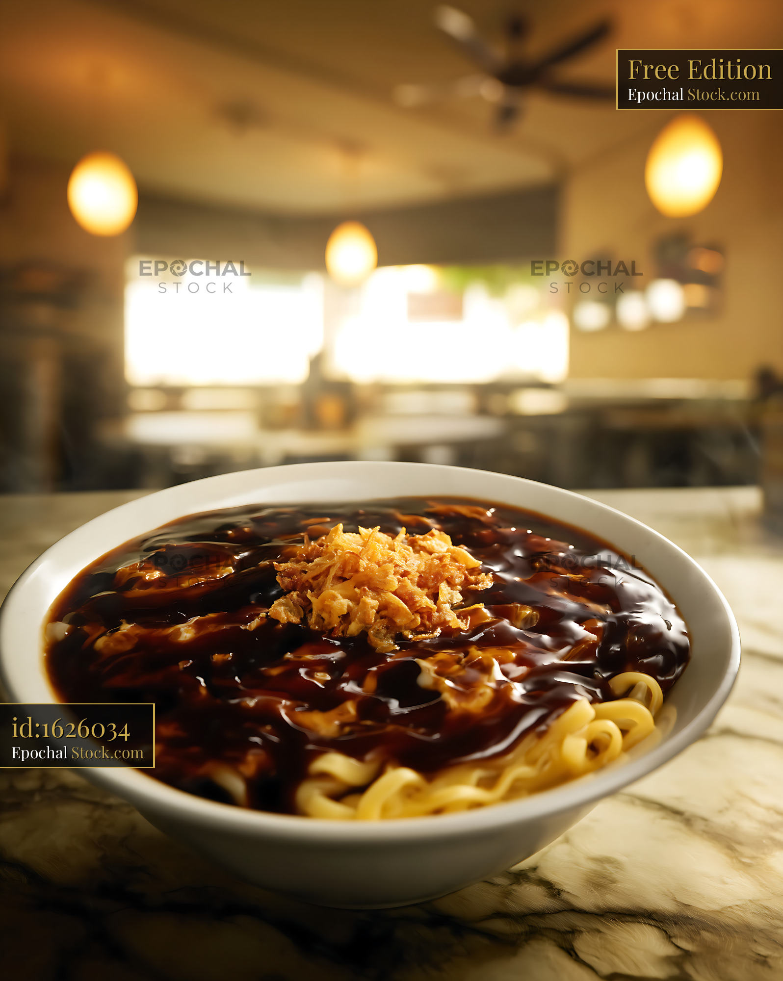 Lor Mee Soup with Crispy Shallots in Warm Restaurant - stock photo