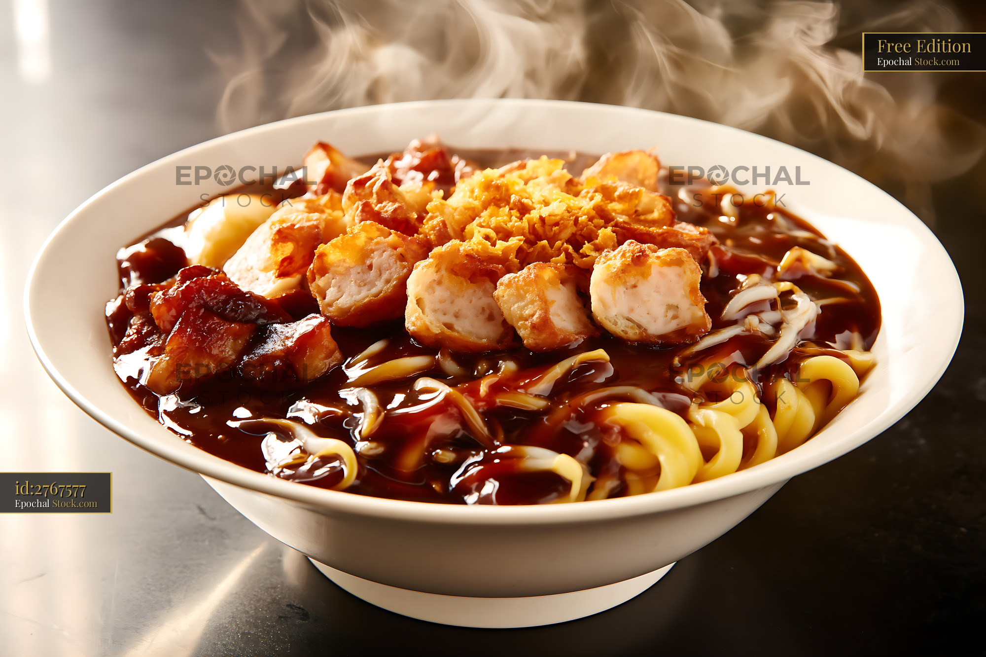Hot Lor Mee Soup with Crispy Toppings and Steam - stock photo