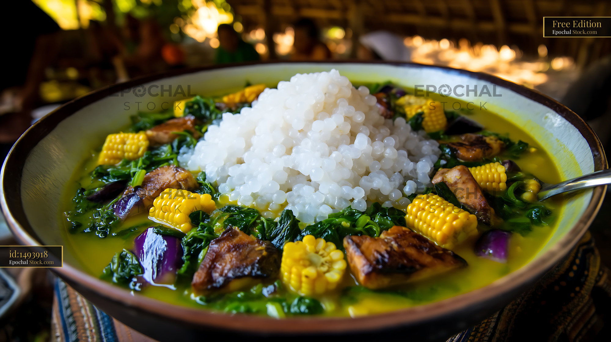 Authentic Lor Mee Soup with Sago, Corn, and Greens - stock photo