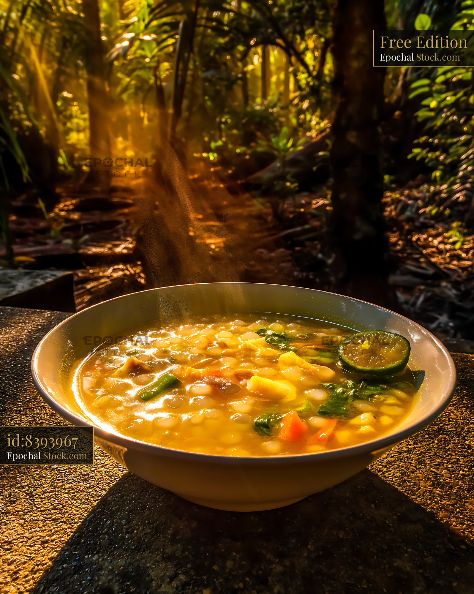 Kapurung Soup Steaming in Golden Jungle Sunlight - stock photo