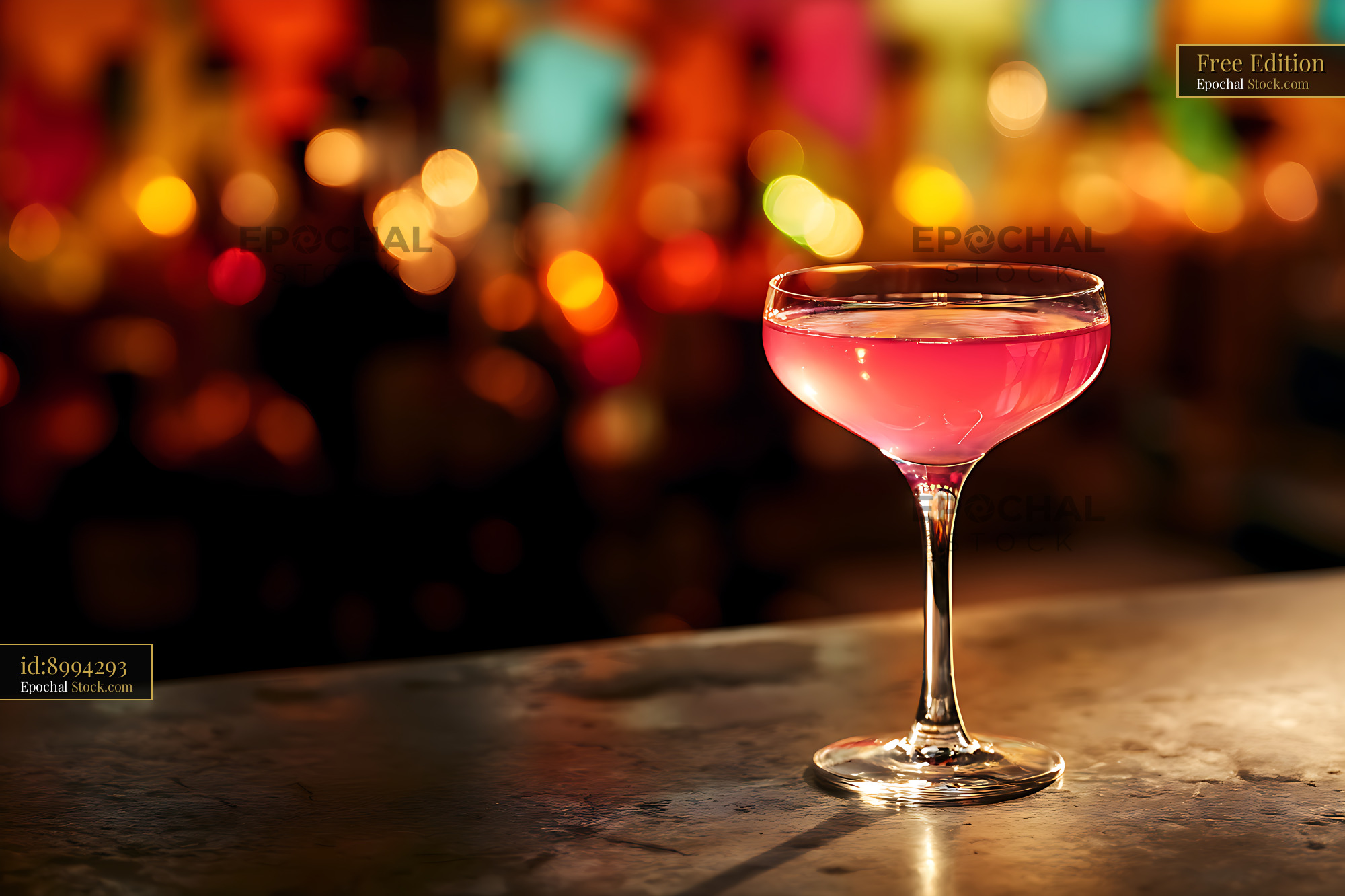Pink Cocktail on Bar Counter with Bokeh Lights - stock photo