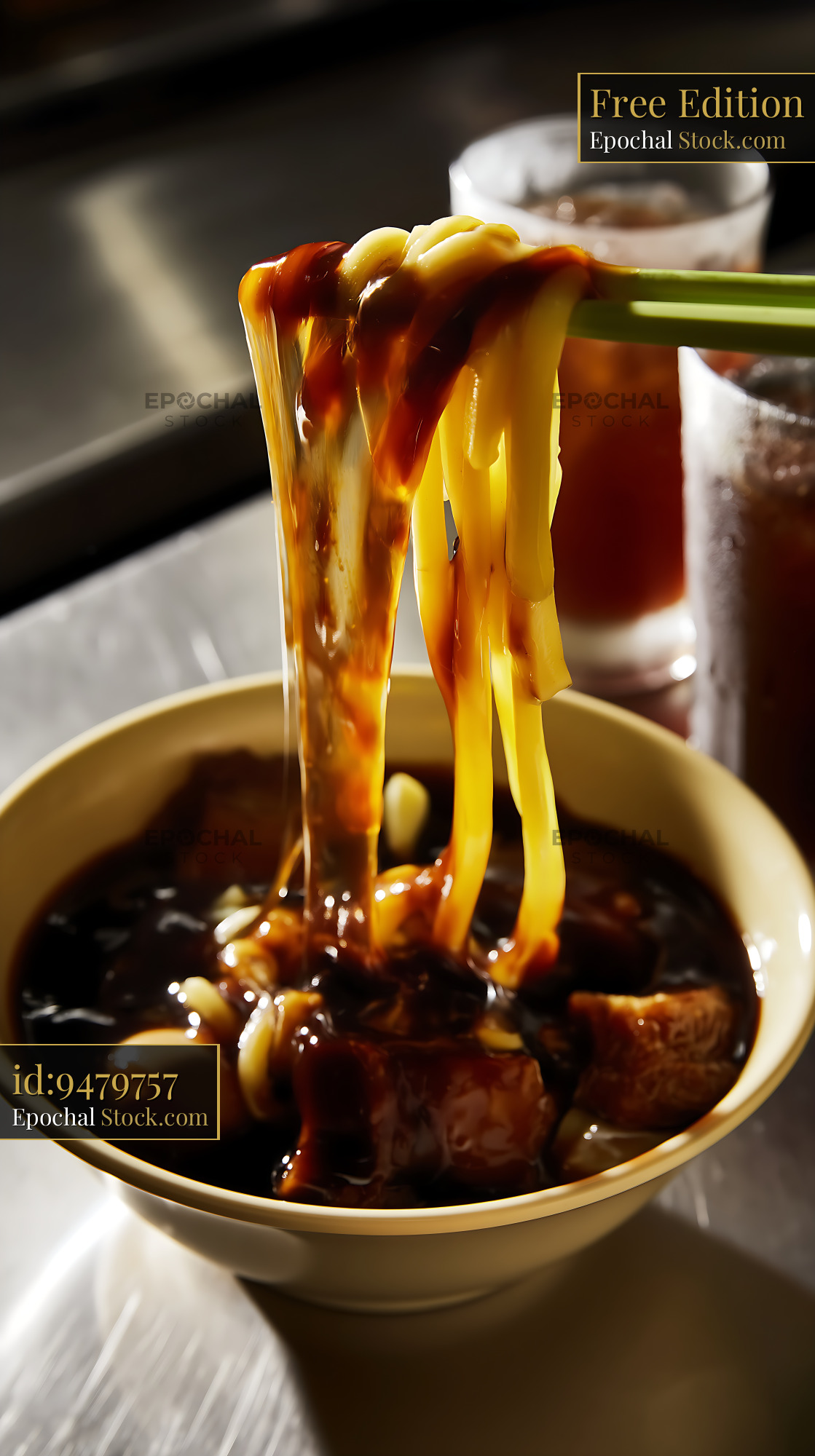 Lor Mee Soup Noodles Lifted by Chopsticks in Bowl - stock photo