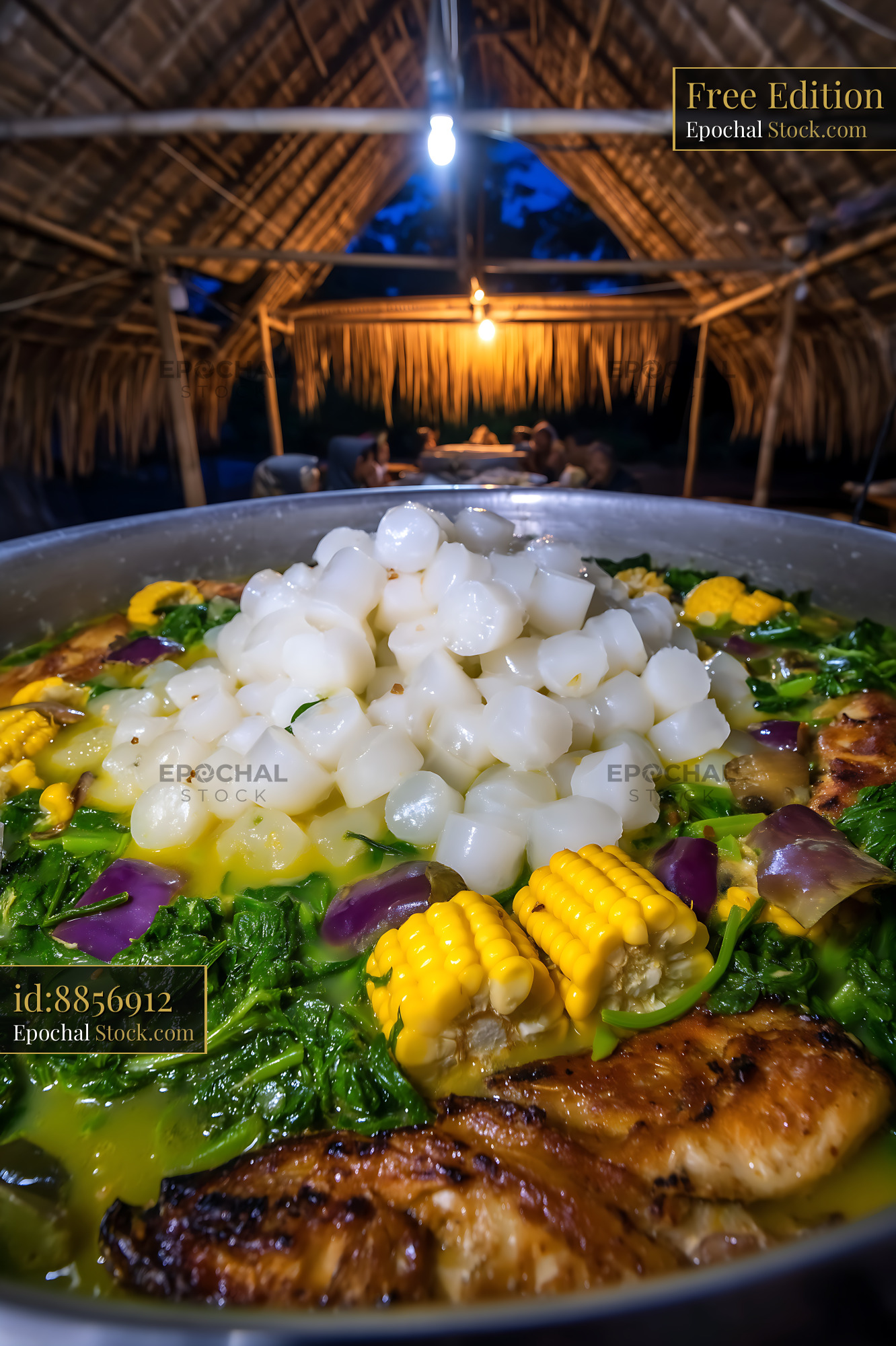 Traditional Kapurung Soup in Rustic Thatched Restaurant - stock photo