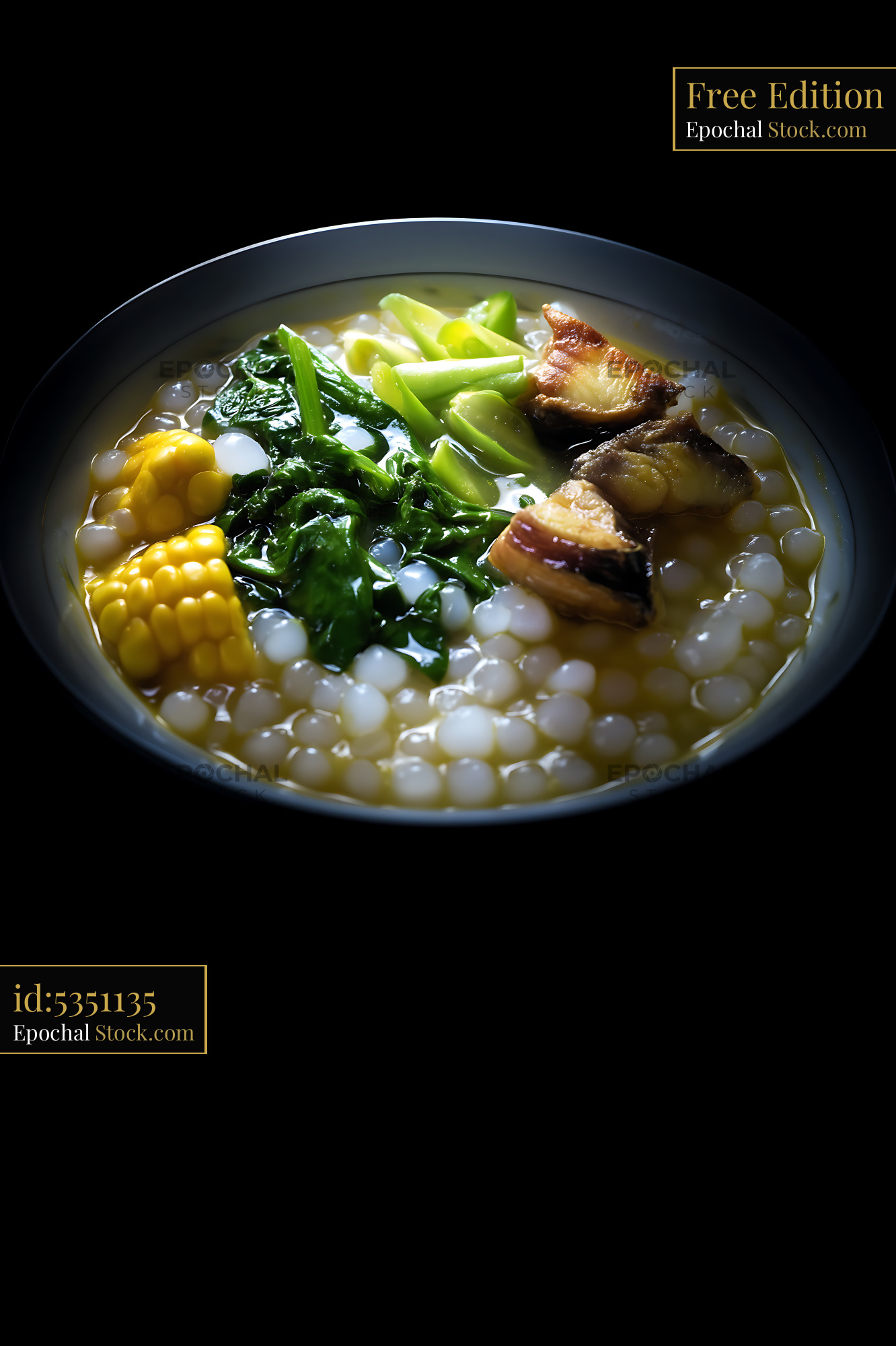 Kapurung Soup with Corn and Greens in Dark Bowl - stock photo