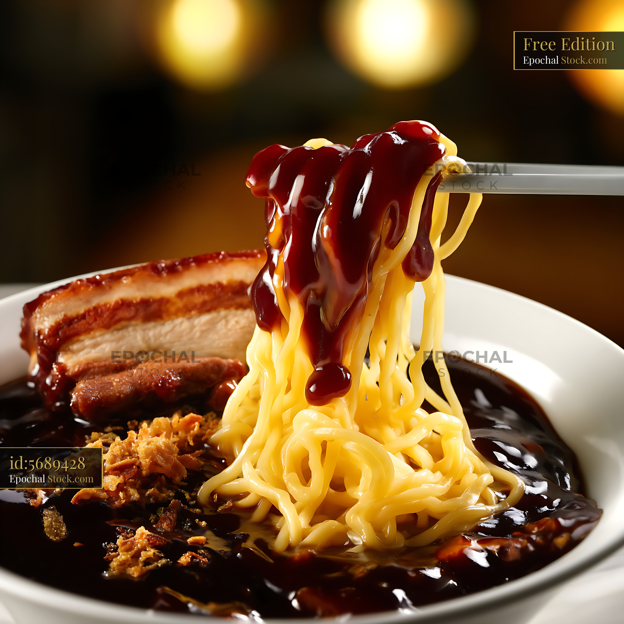 Lor Mee Soup Noodles Lifted with Pork Belly - stock photo
