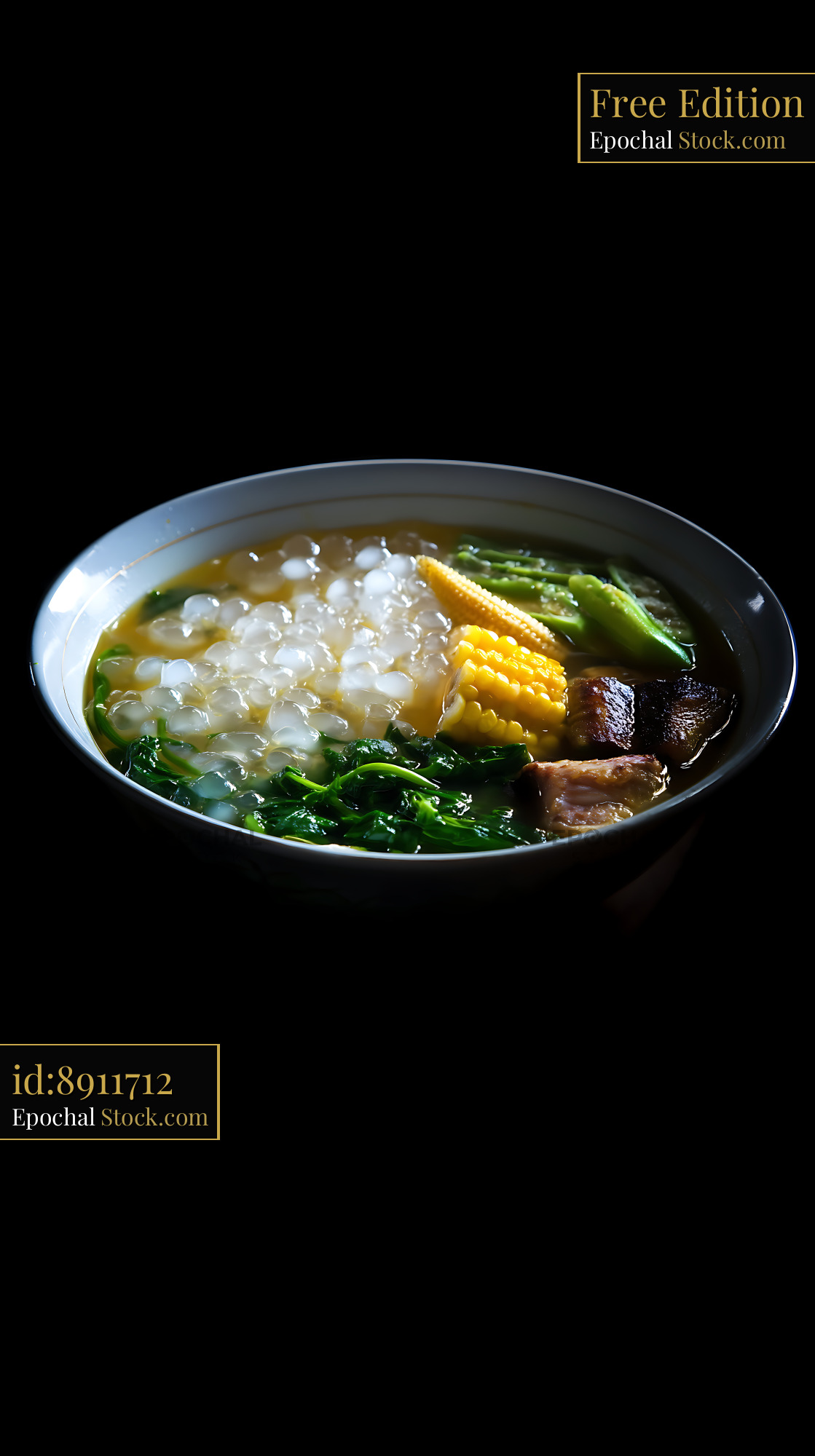 Hearty Lor Mee Soup with Pork, Corn, and Greens - stock photo