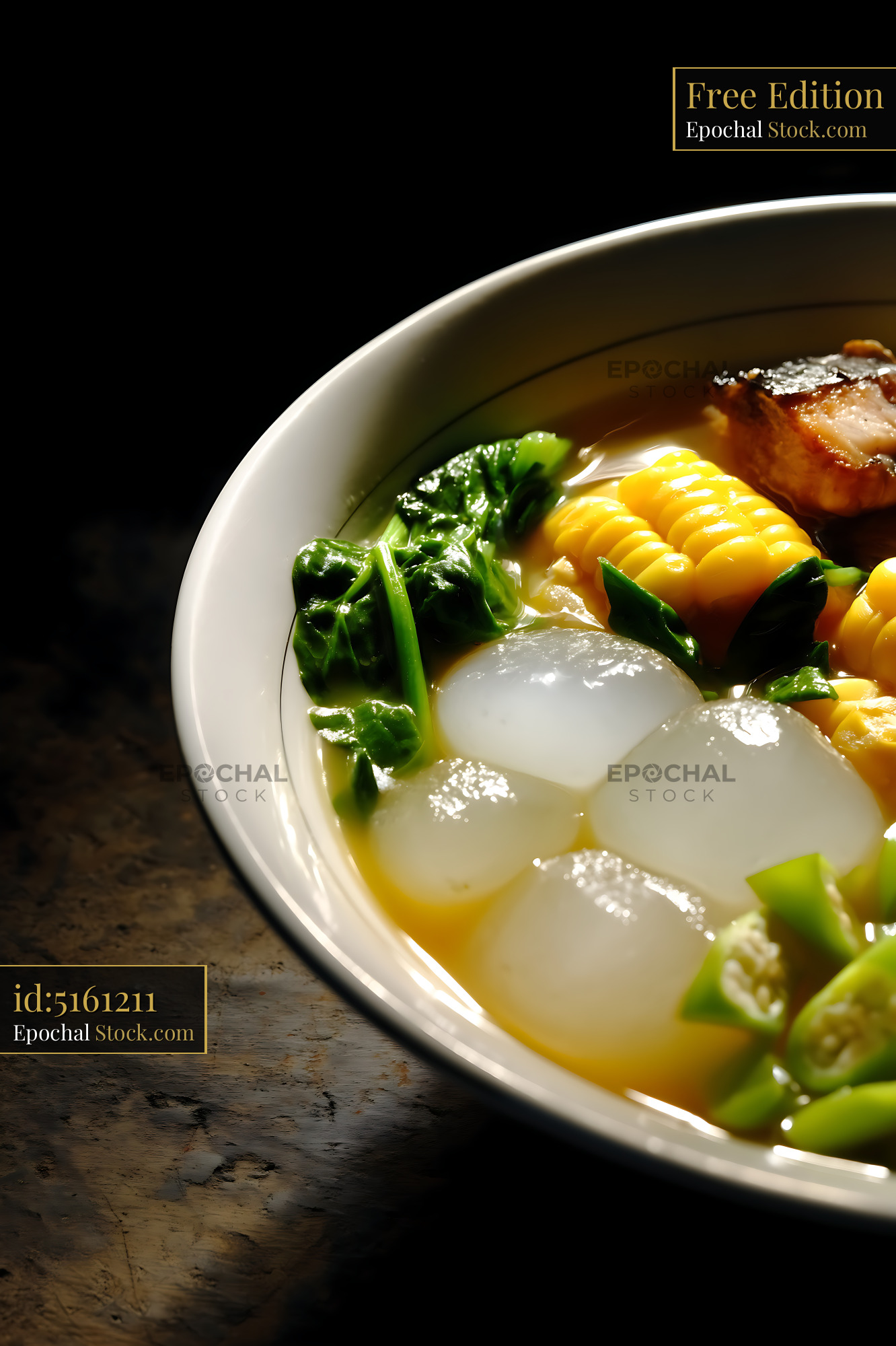 Lor Mee Soup with Corn, Greens, and Meat in Dark Setting - stock photo