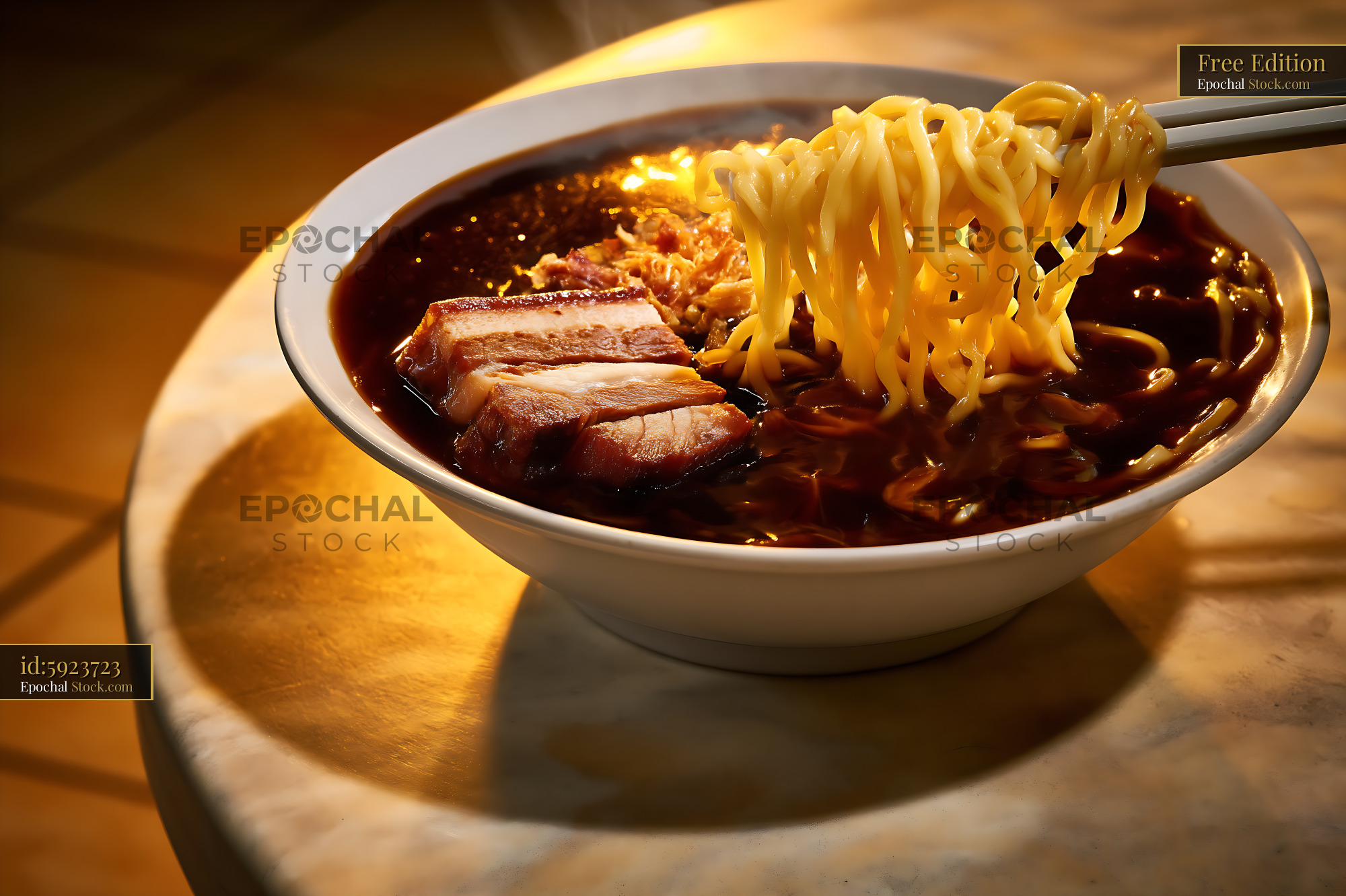 Lor Mee Soup with Pork Belly and Noodles on Table - stock photo