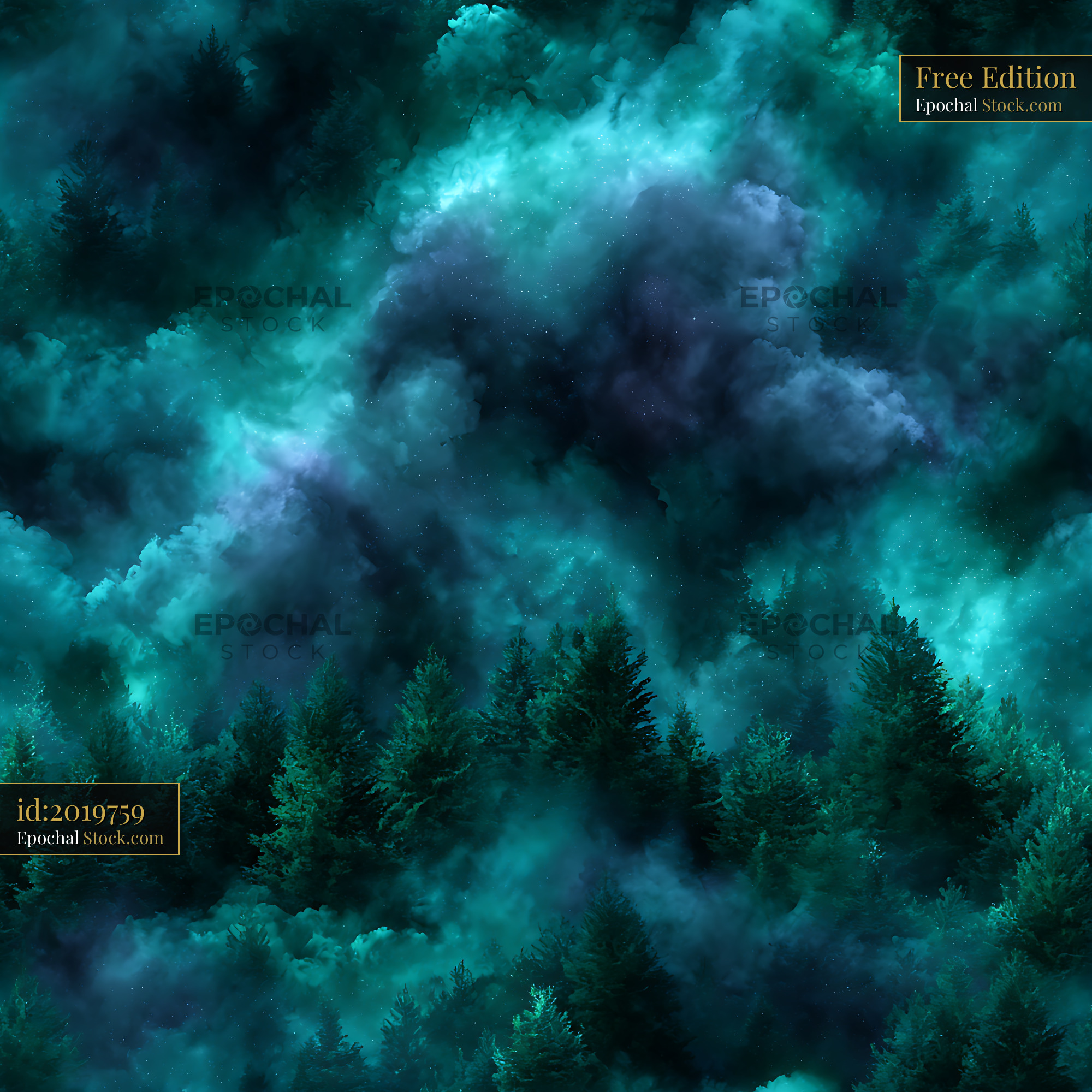 Mystic Teal Forest Nebula Cosmic Seamless Pattern - stock photo