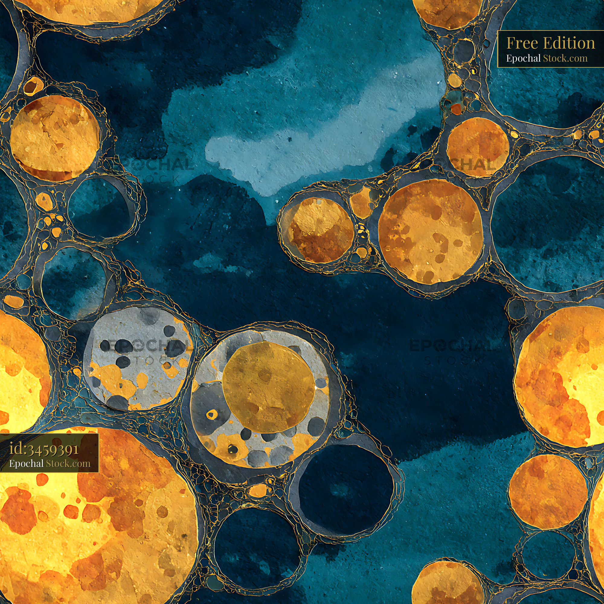 Abstract Gold Organic Cells Teal Seamless Pattern - stock photo