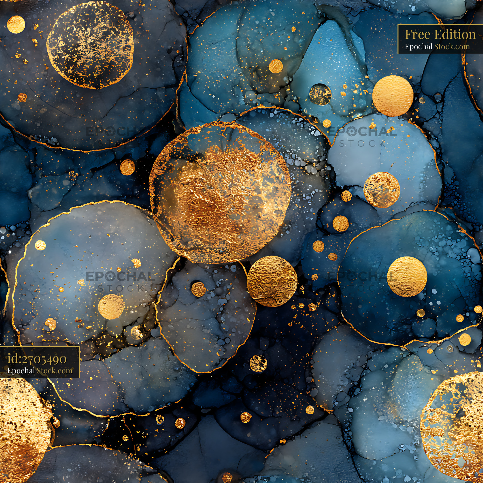 Celestial Navy and Gold Fluid Ink Seamless Pattern - stock photo
