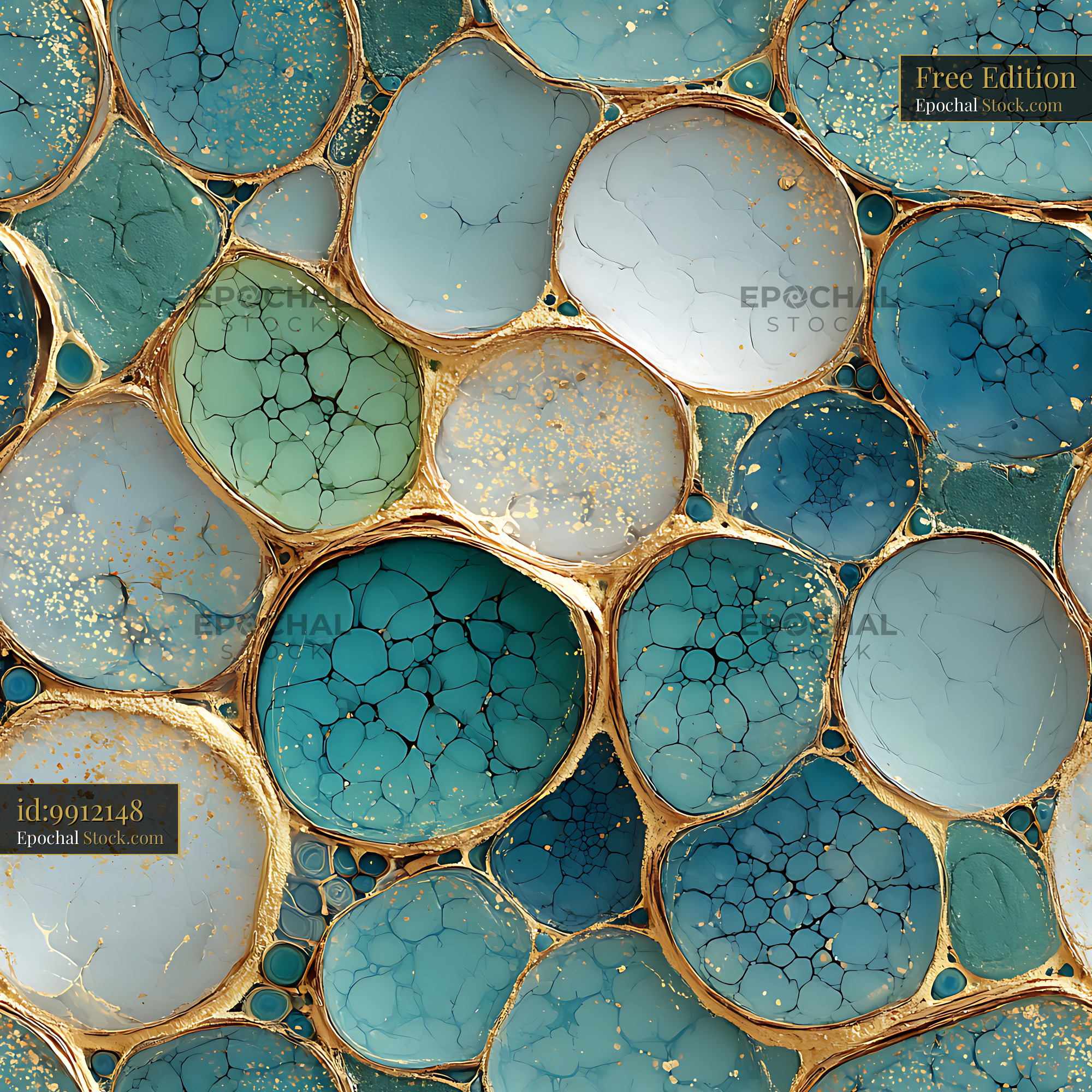 Teal Fluid Resin and Gold Foil Seamless Pattern - stock photo