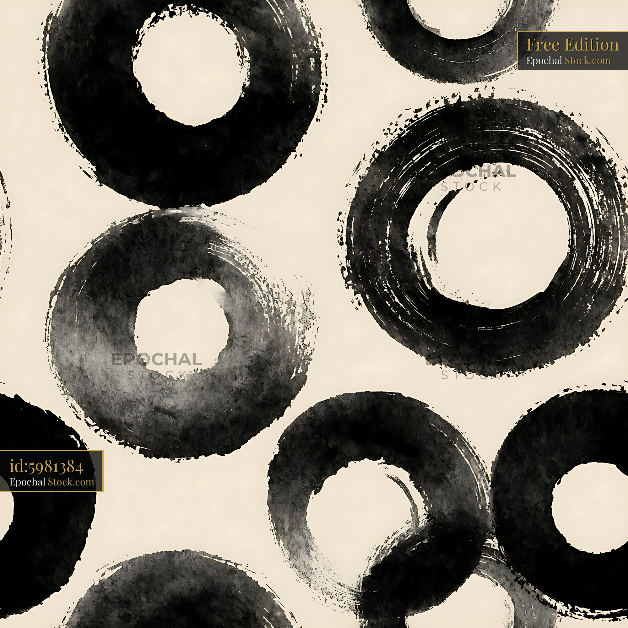 Black Ink Wash Enso Circles Seamless Pattern - stock photo