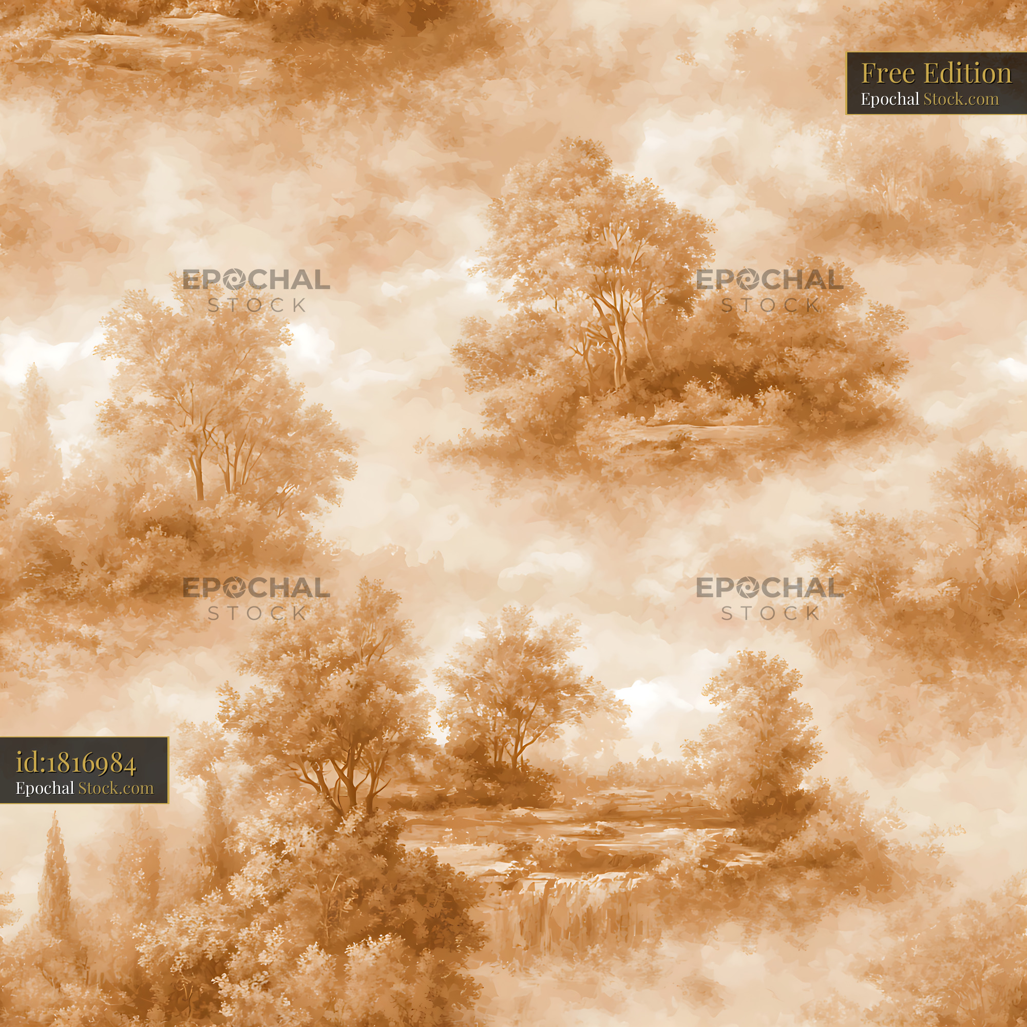 Sepia Toile Woodland Landscape Seamless Pattern - stock photo