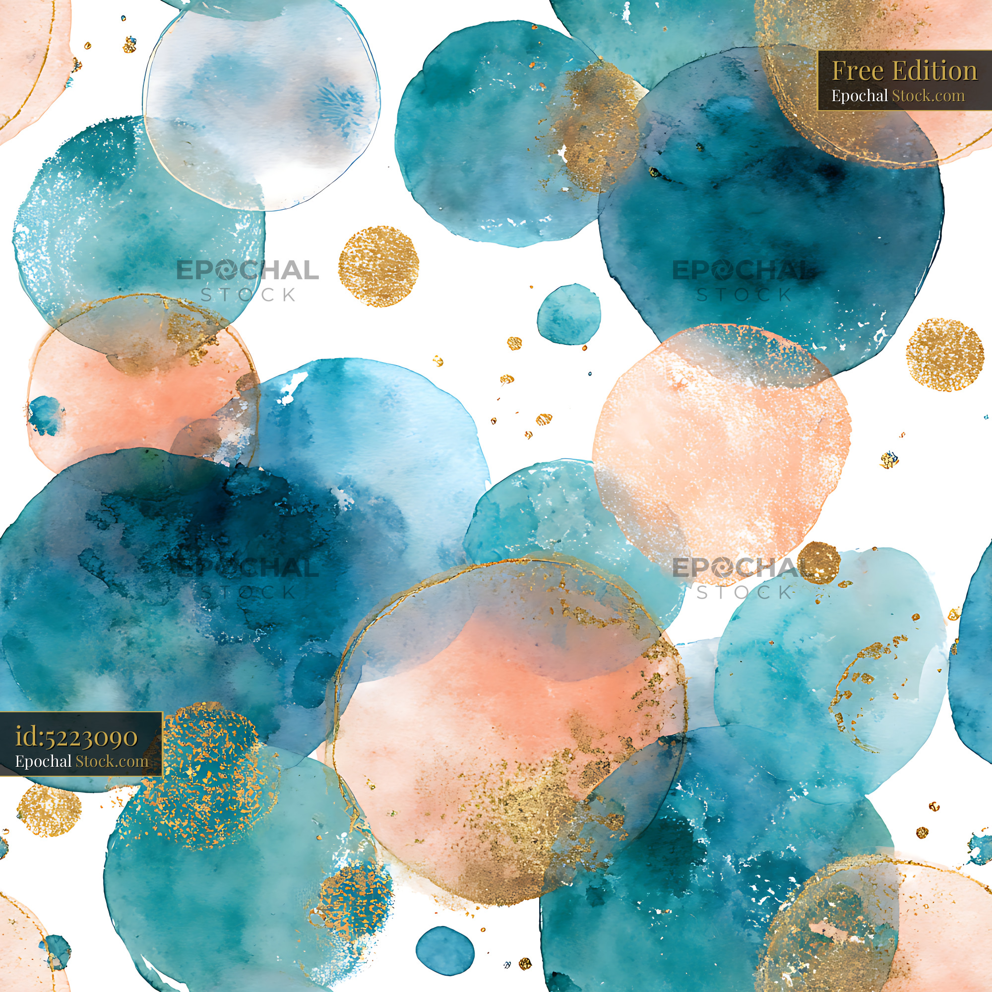 Teal and Peach Watercolor Circle Repeat Pattern - stock photo