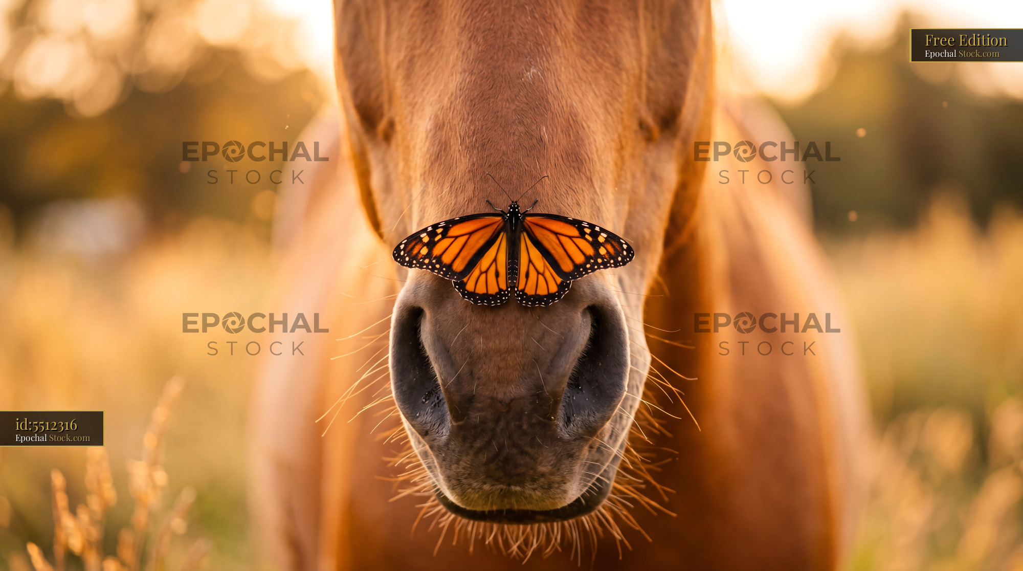 Golden Horse Nose with Monarch Butterfly - stock photo