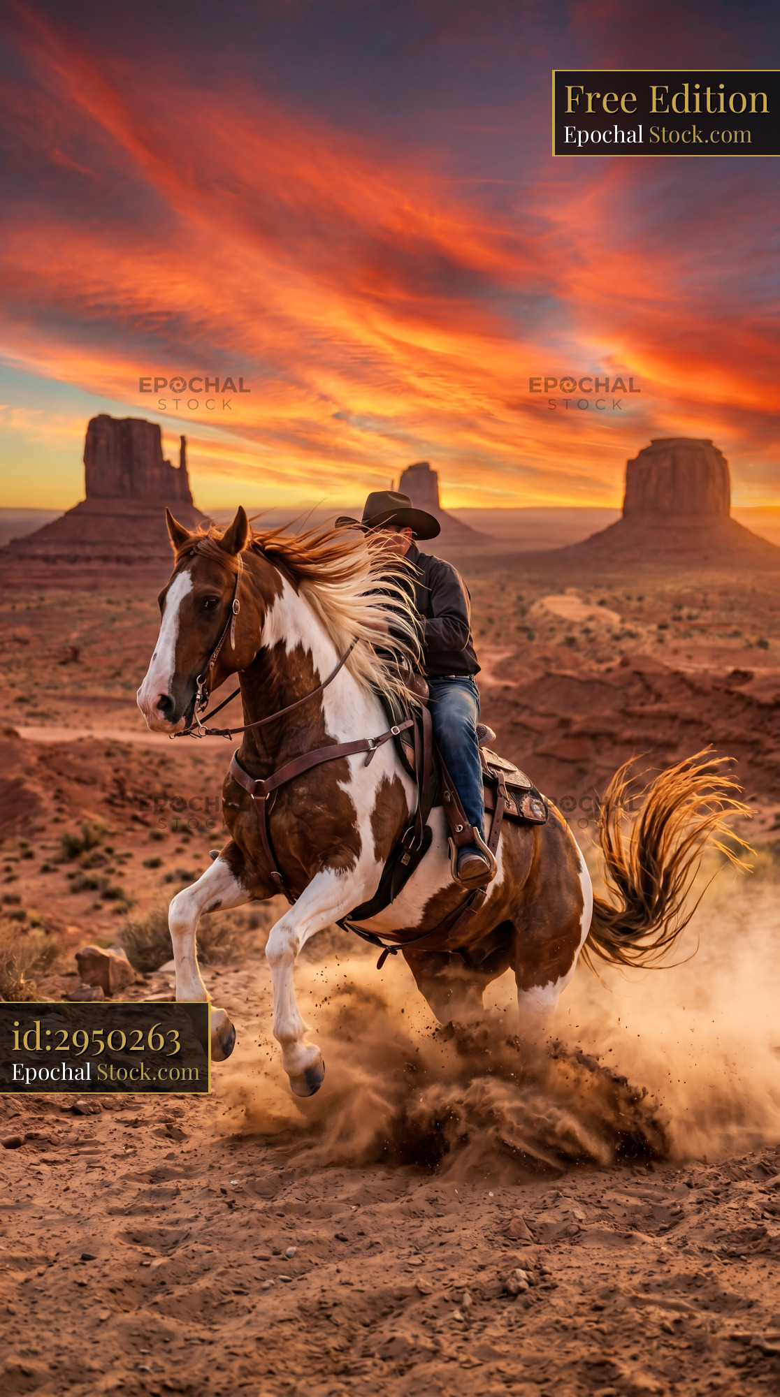 Monument Valley Pinto Horse Reining Spin Sunset - stock photo