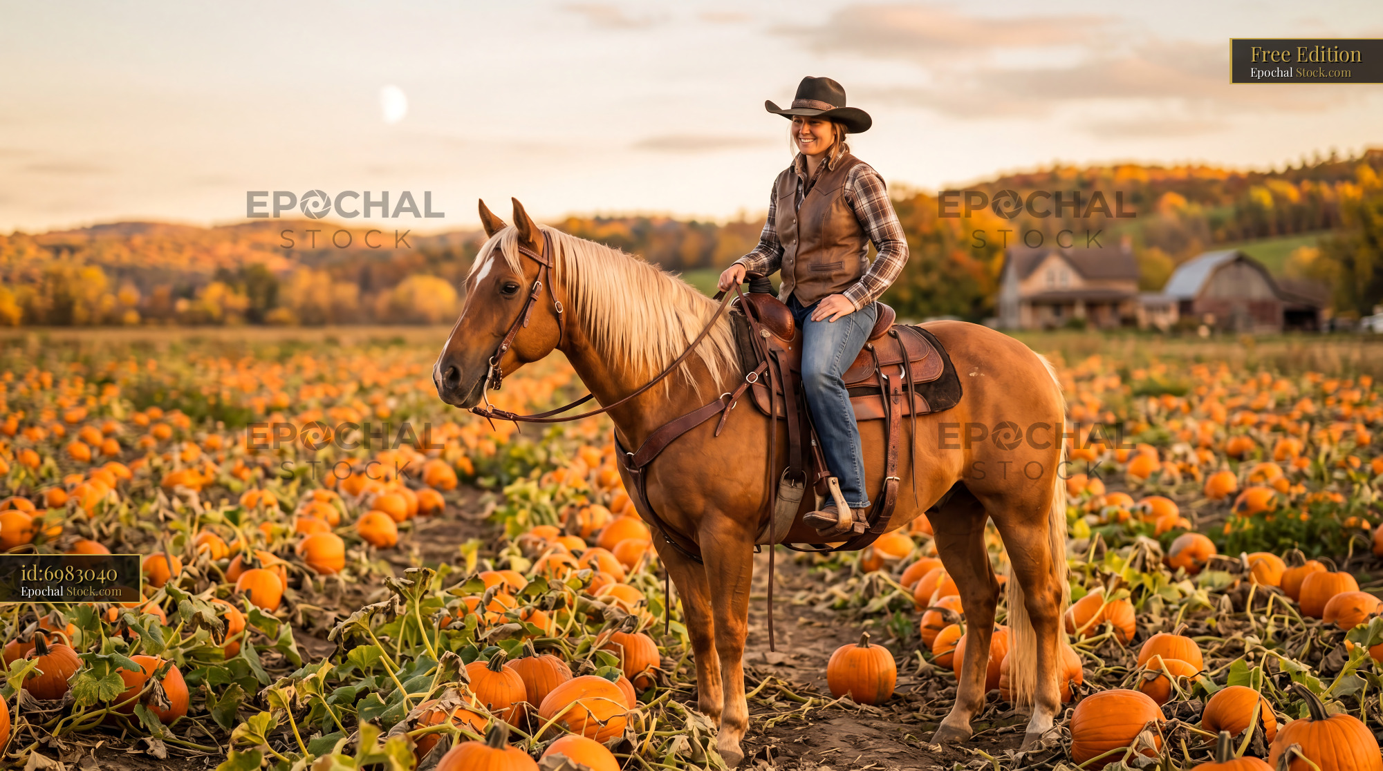Autumn Cowgirl Riding Sorrel Horse in Pumpkins - stock photo