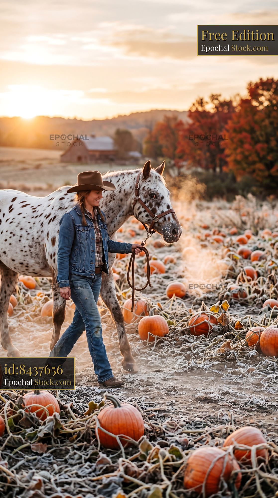 Vintage Cowgirl & Spotted Horse Pumpkin Patch - stock photo