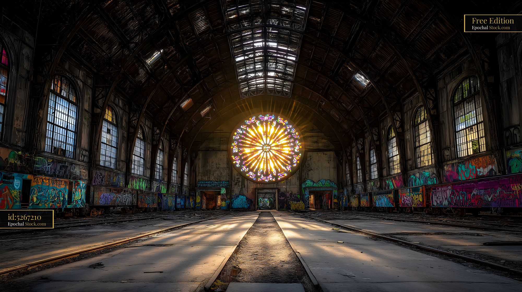 Old train station with colorful stained glass and graffiti Free Premium Stock Photo